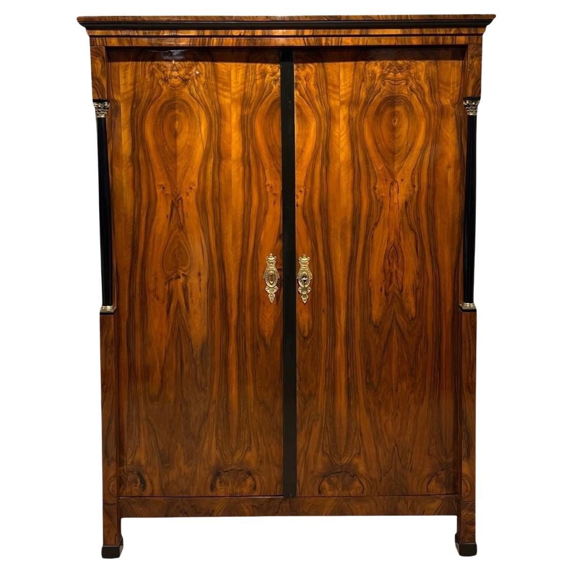 Empire Armoire, Walnut Veneer, Full Columns, Brass, Vienna, circa 1815 For Sale