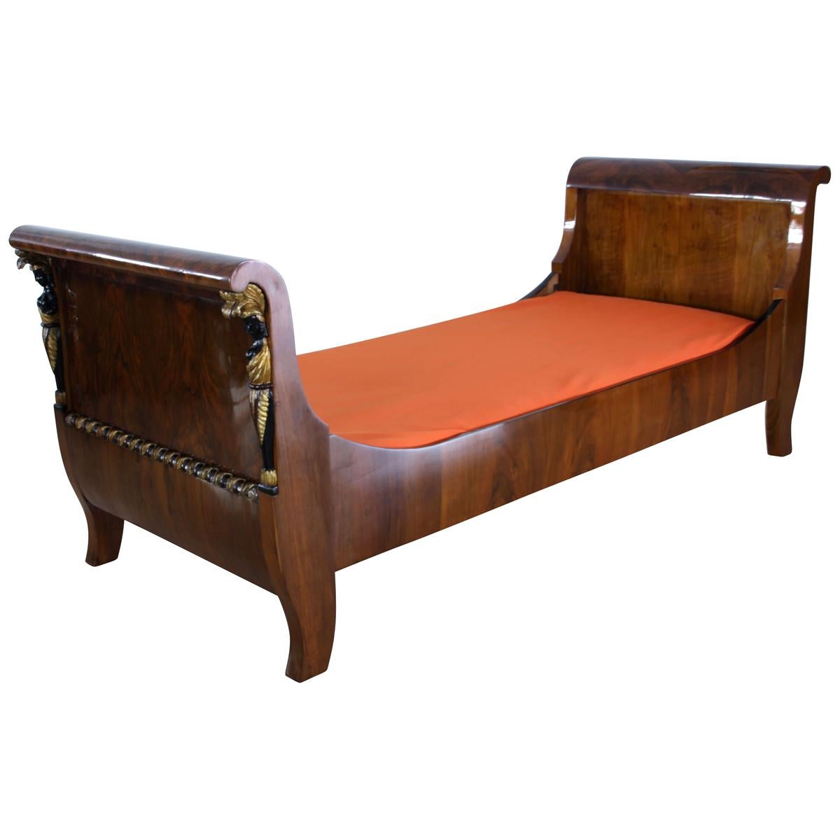 Empire Bed with Caryatides, Walnut Veneer, Austria, circa 1815