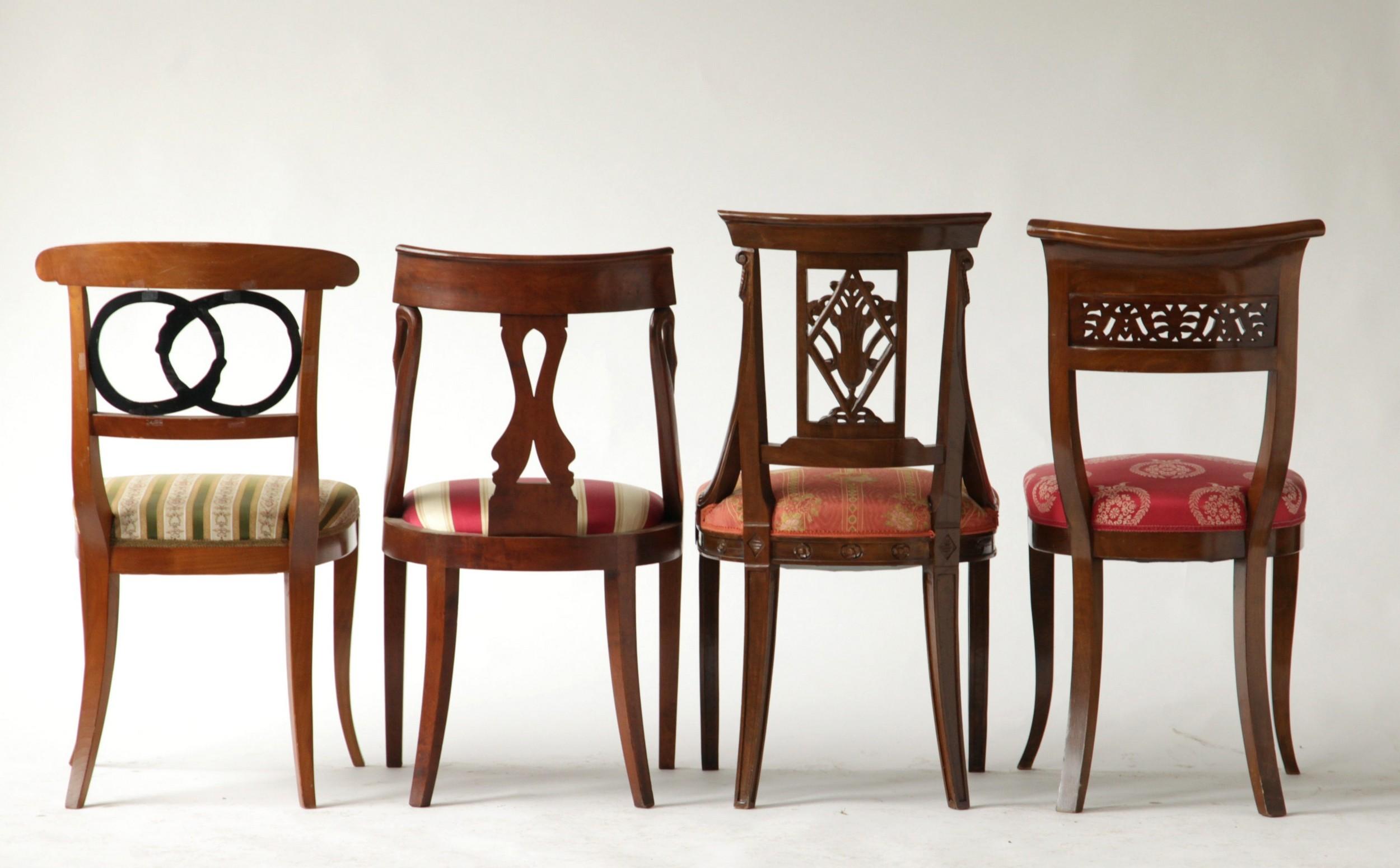 19th Century Empire Biedermeier Unique Eclectic Set, 8 Dining Chairs Each in Different Design