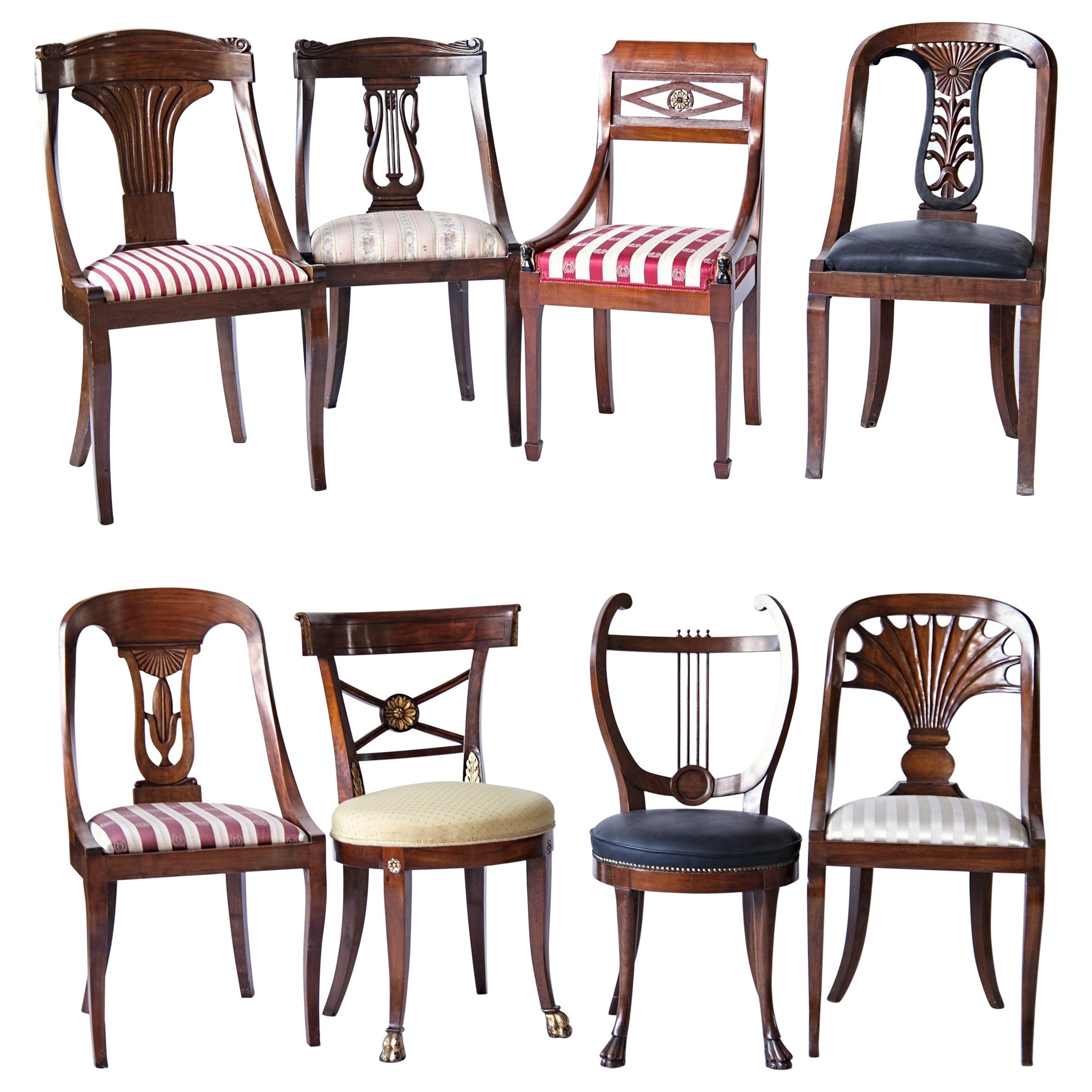 Empire Biedermeier Unique Eclectic Set, 8 Dining Chairs Each in Different Design