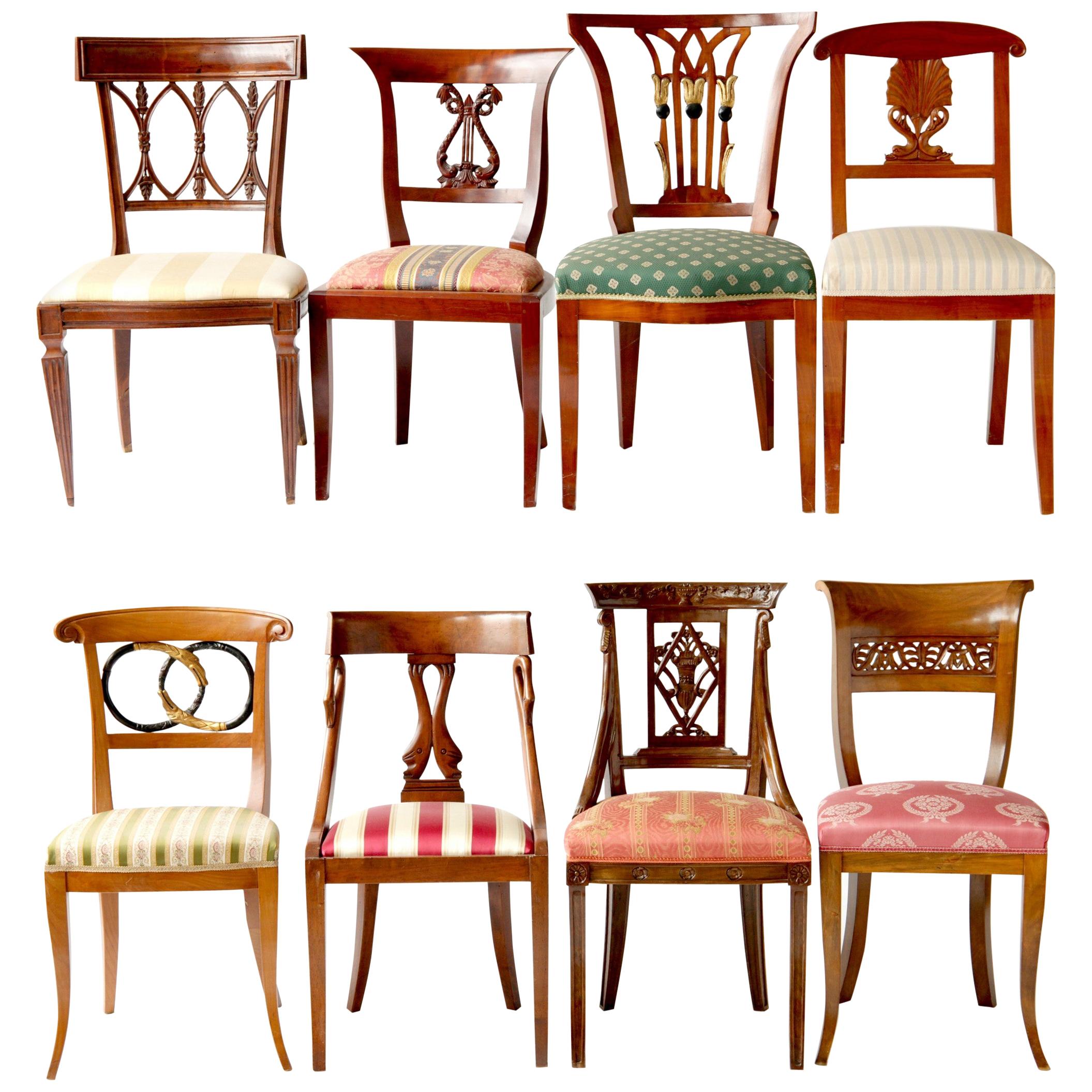 Empire Biedermeier Unique Eclectic Set, 8 Dining Chairs Each in Different Design