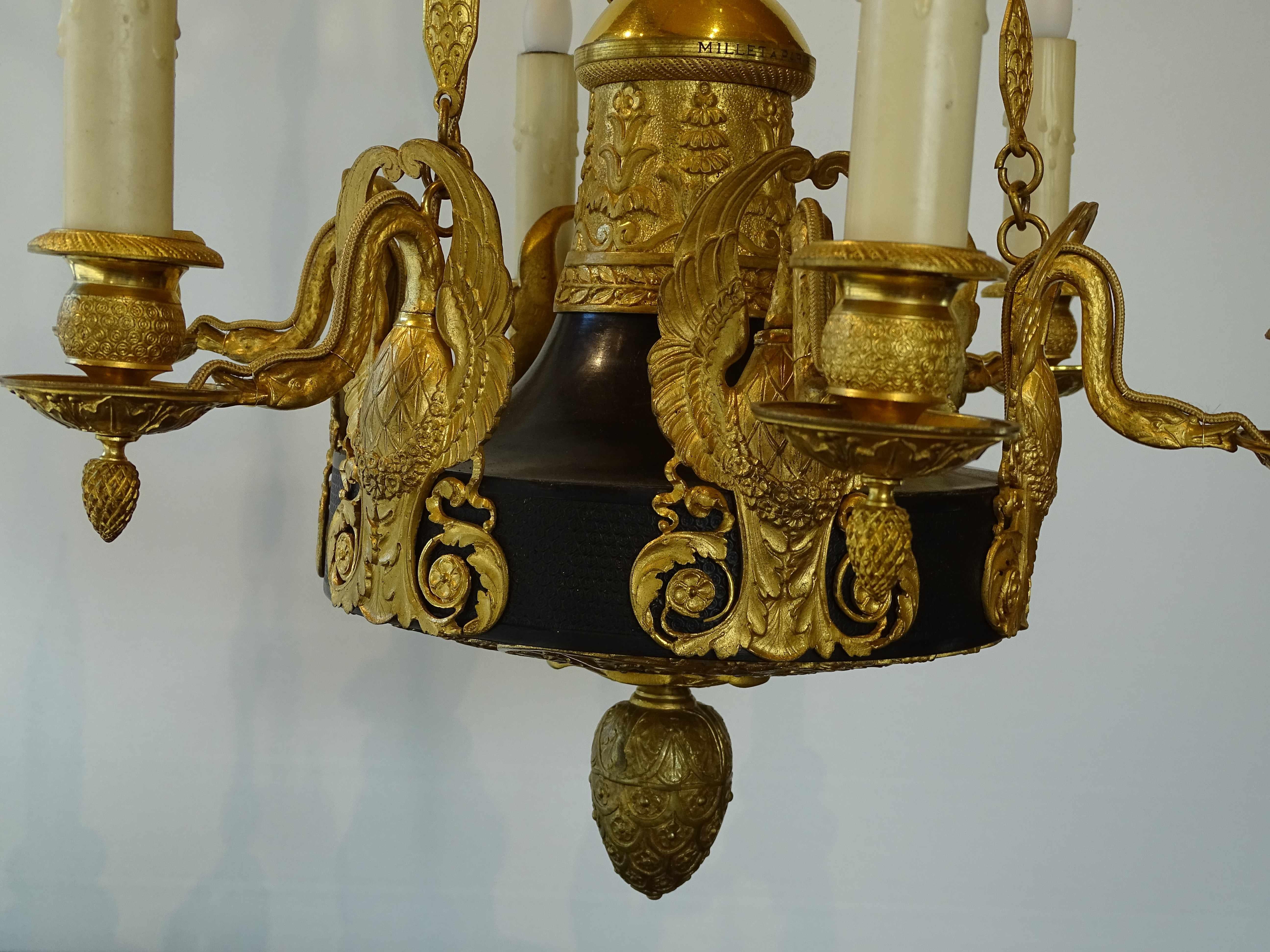 French Empire Black and Gilt Bronze Chandelier by Millet, France 19th Century