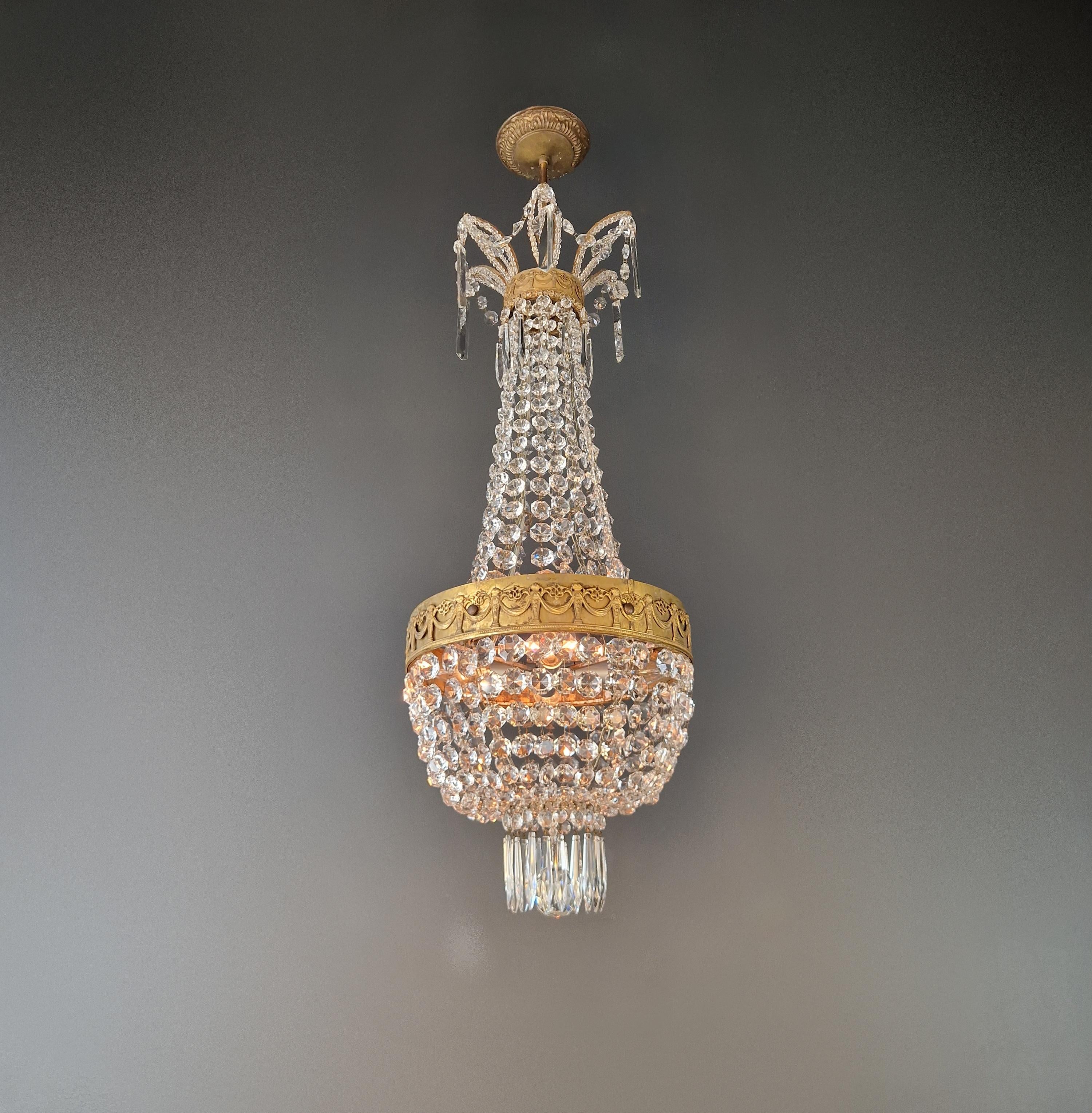 Italian Empire Brass Chandelier Crystal Lustre Ceiling Light Antique Classical Art Deco For Sale