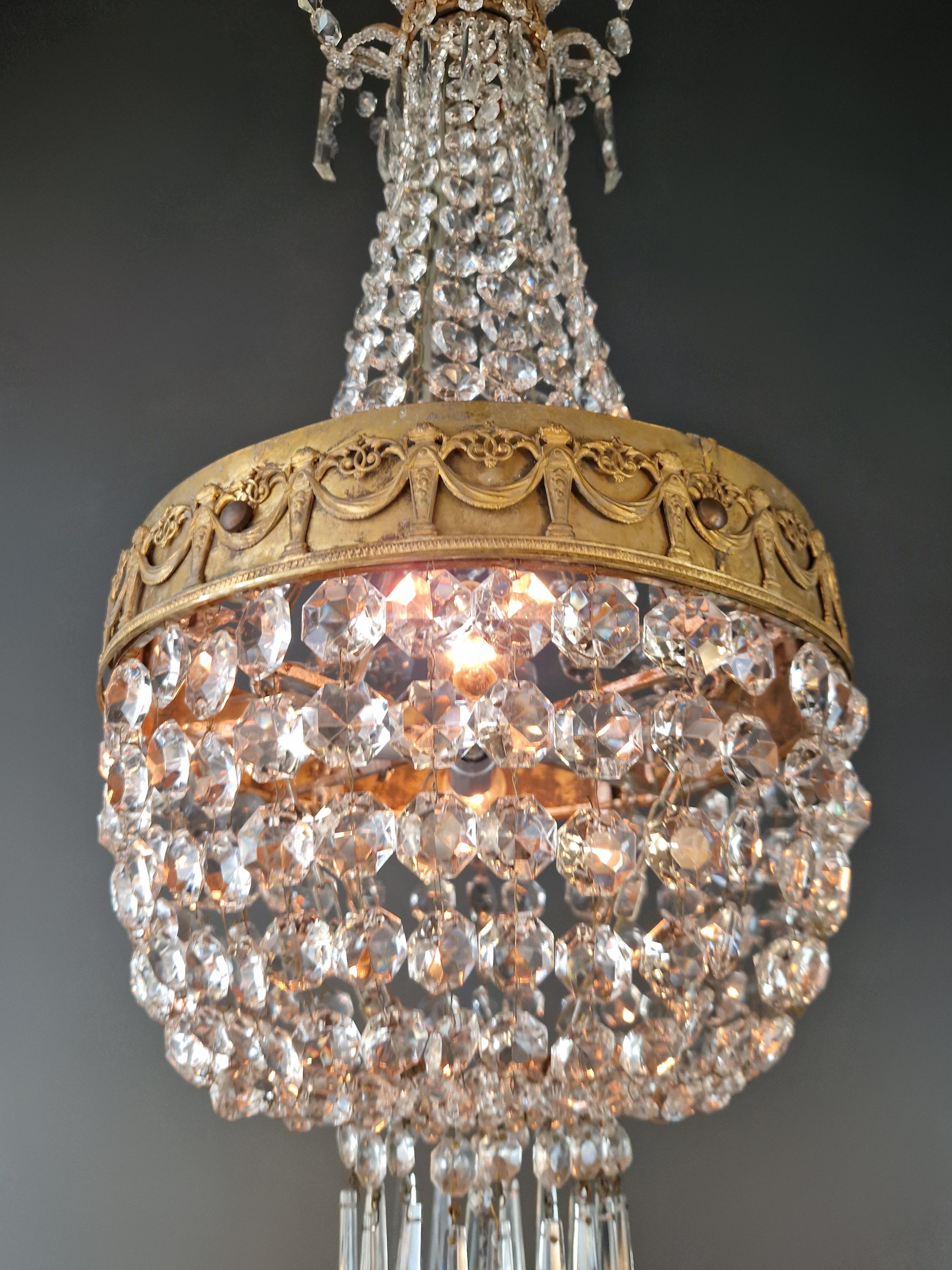Hand-Knotted Empire Brass Chandelier Crystal Lustre Ceiling Light Antique Classical Art Deco For Sale