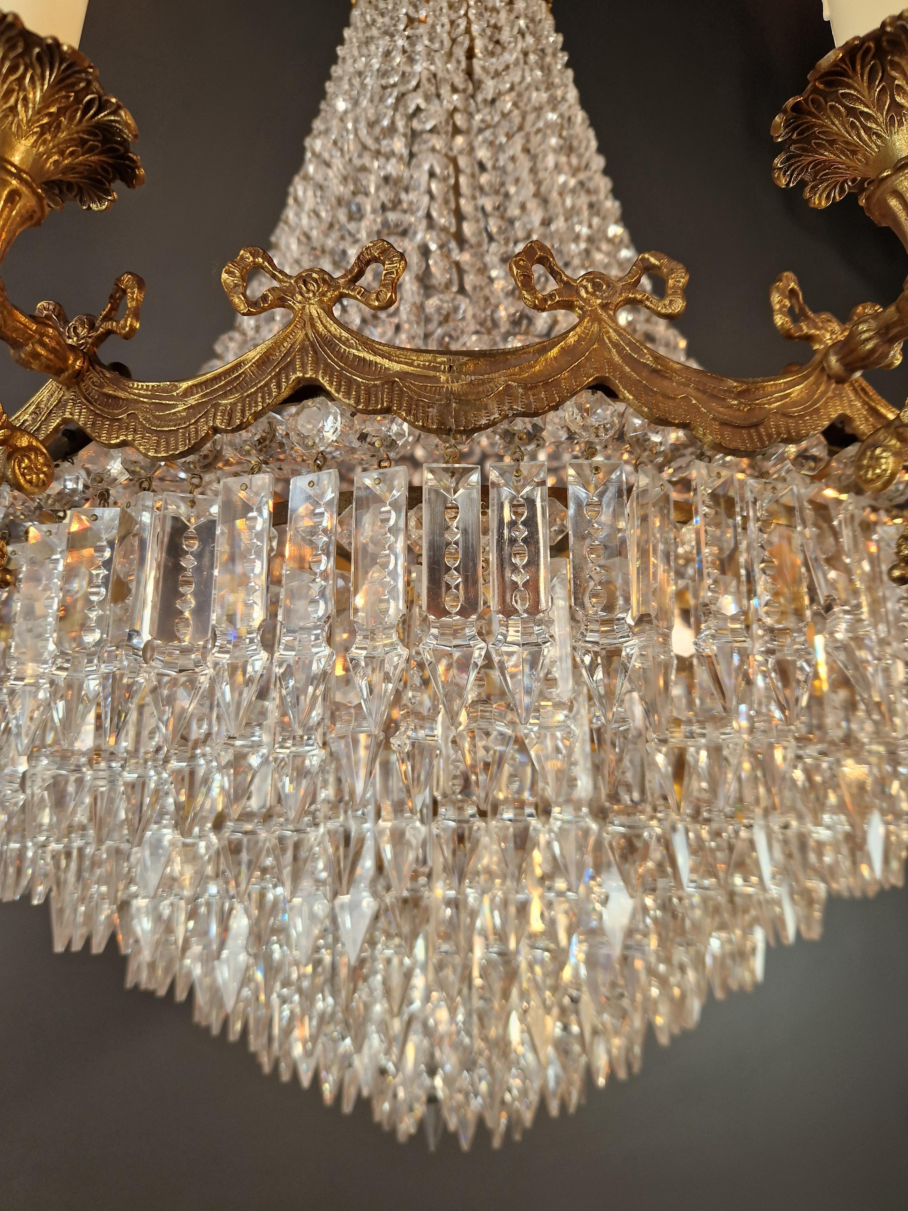 Metà XX secolo Lampadario in ottone impero con lustro di cristallo per soffitti antichi classici Art Deco in vendita