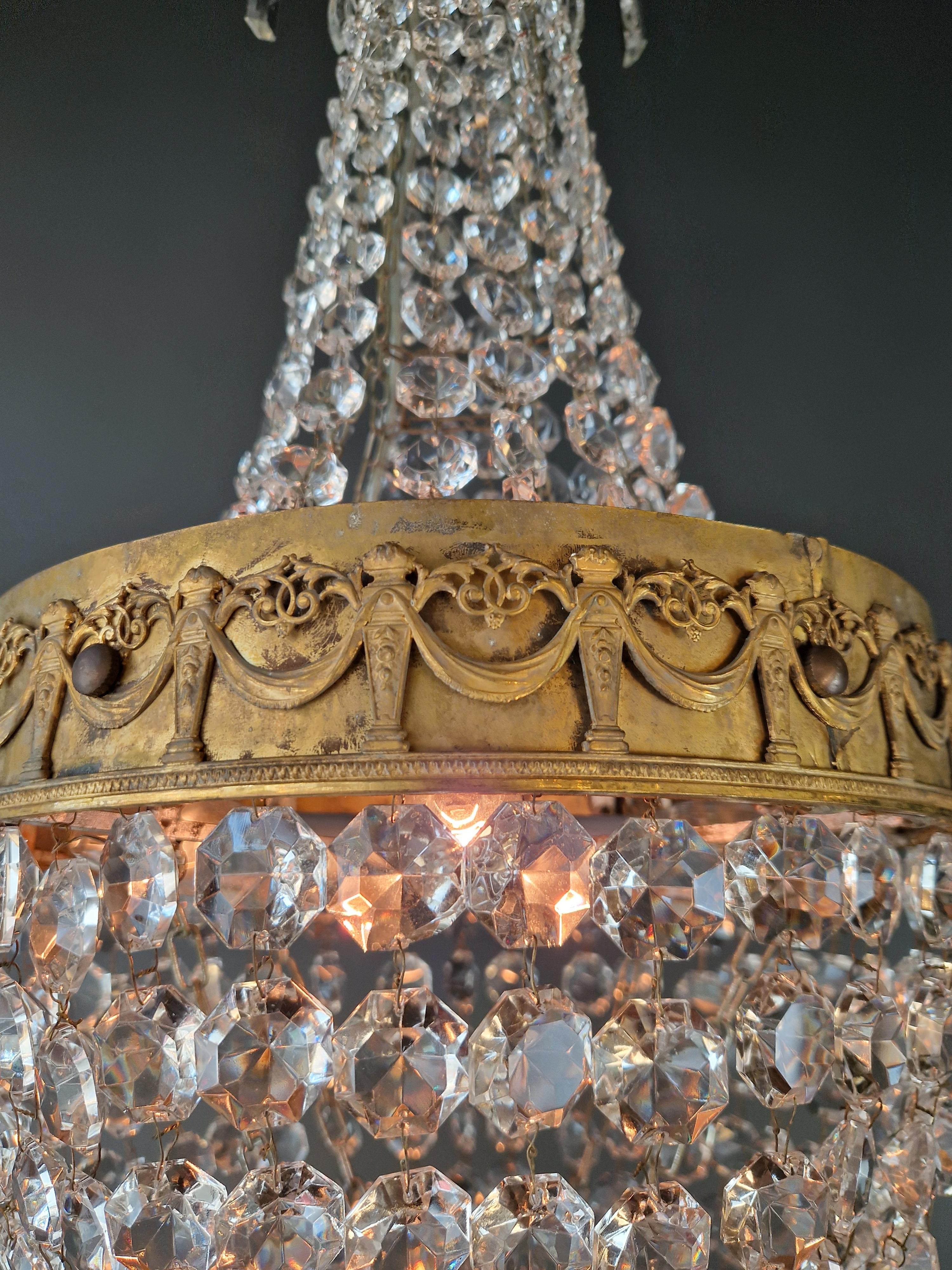 Early 20th Century Empire Brass Chandelier Crystal Lustre Ceiling Light Antique Classical Art Deco For Sale