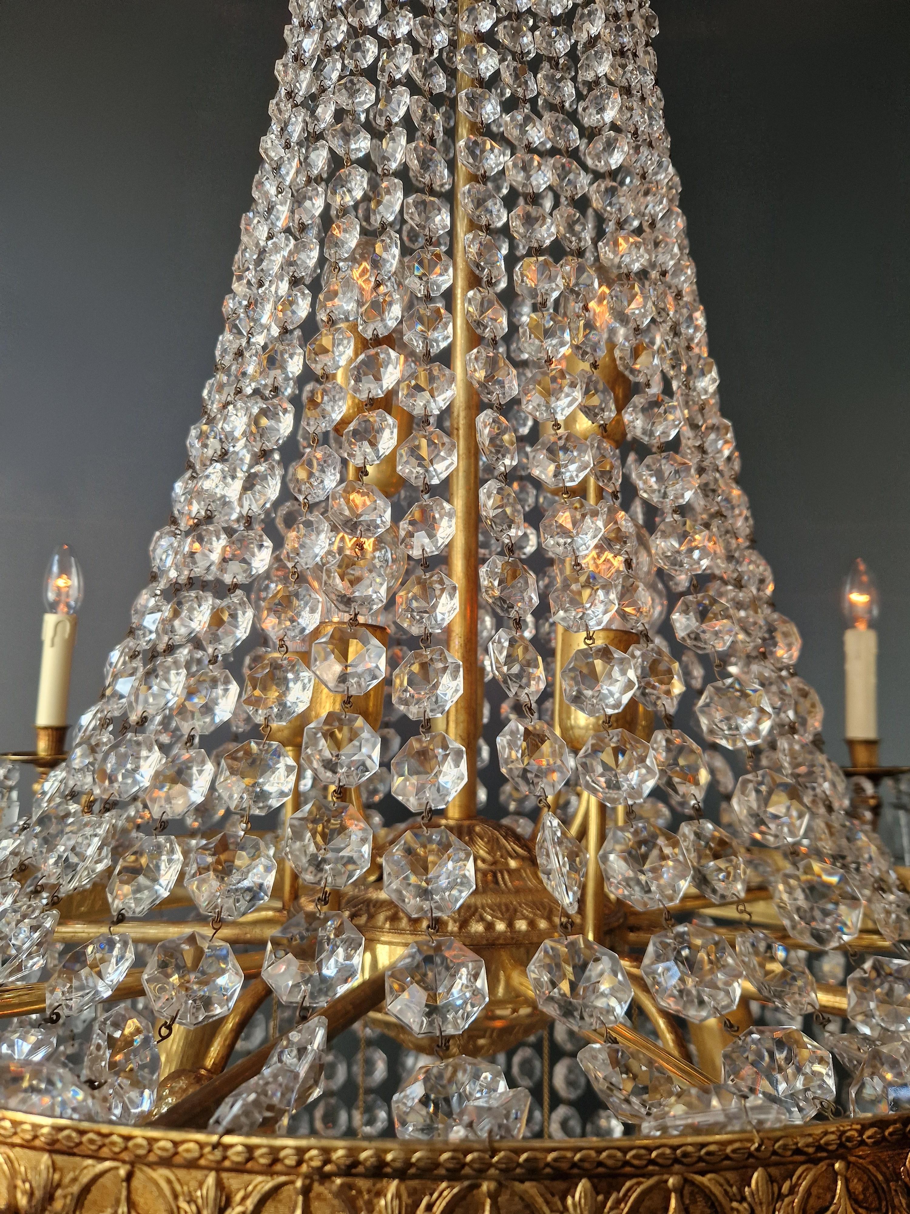 Lampadario in ottone impero con lustro di cristallo per soffitti antichi classici in vendita 5