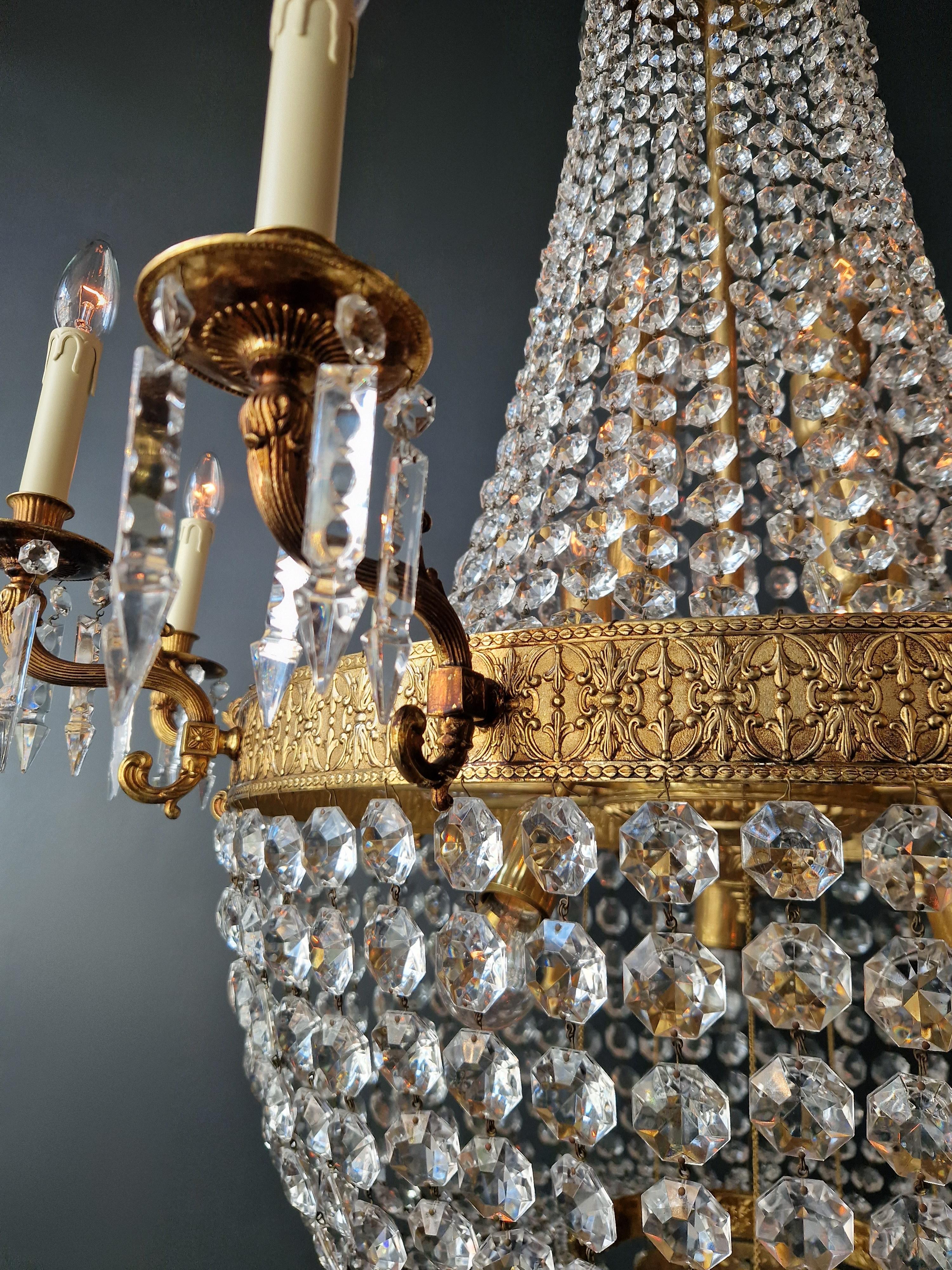 Lampadario in ottone impero con lustro di cristallo per soffitti antichi classici in vendita 7