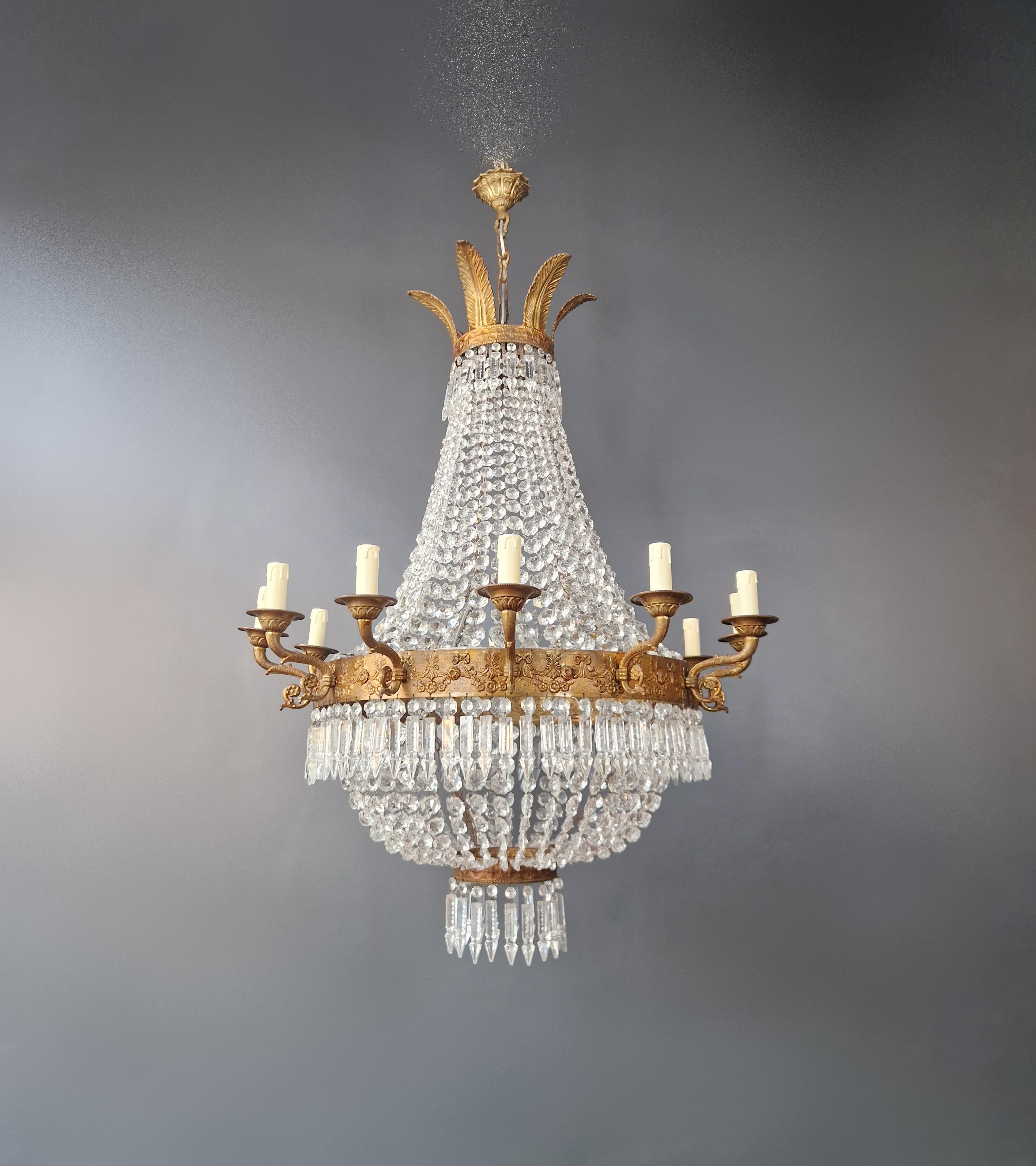 Old chandelier with love and professionally restored in Berlin. electrical wiring works in the US. Re-wired and ready to hang. not one missing. Cabling completely renewed. Crystal, hand-knotted.

Cabling and sockets completely renewed. Crystal