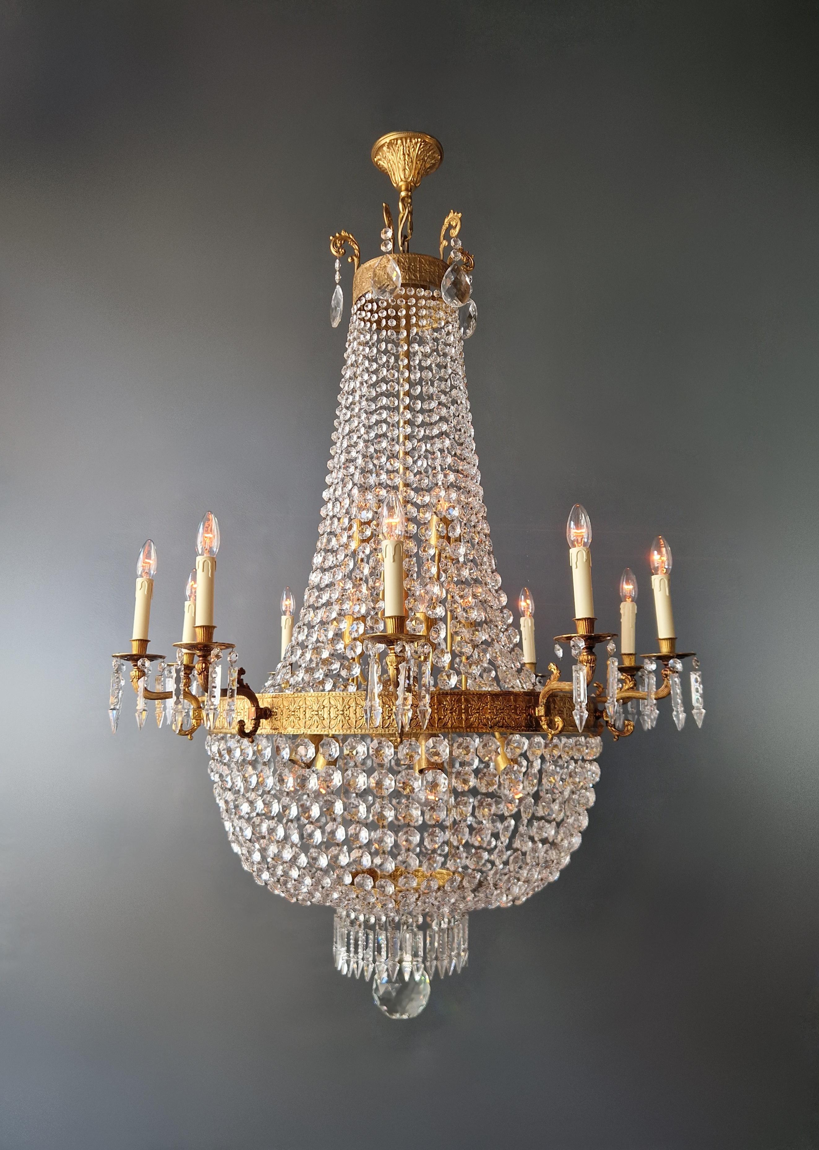 Italiano Lampadario in ottone impero con lustro di cristallo per soffitti antichi classici in vendita