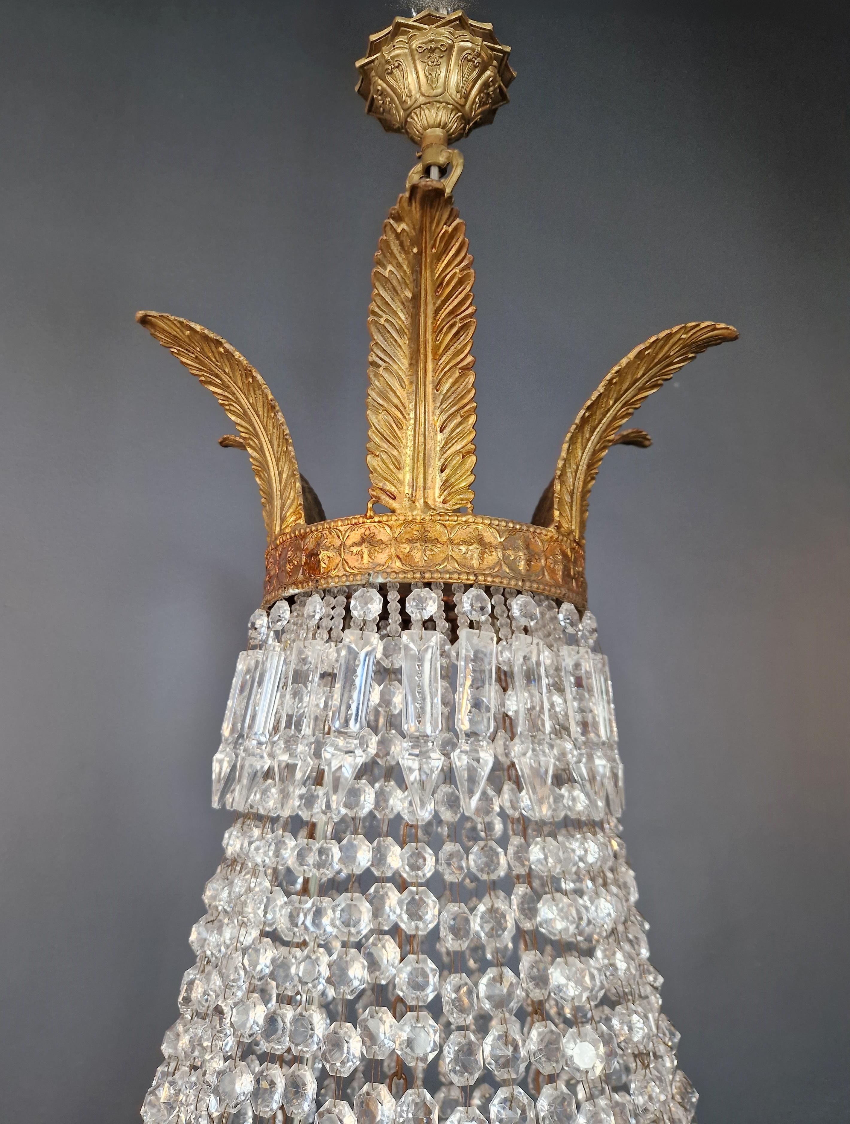 Empire Brass Chandelier Crystal Lustre Ceiling Light Antique Classical In Good Condition In Berlin, DE