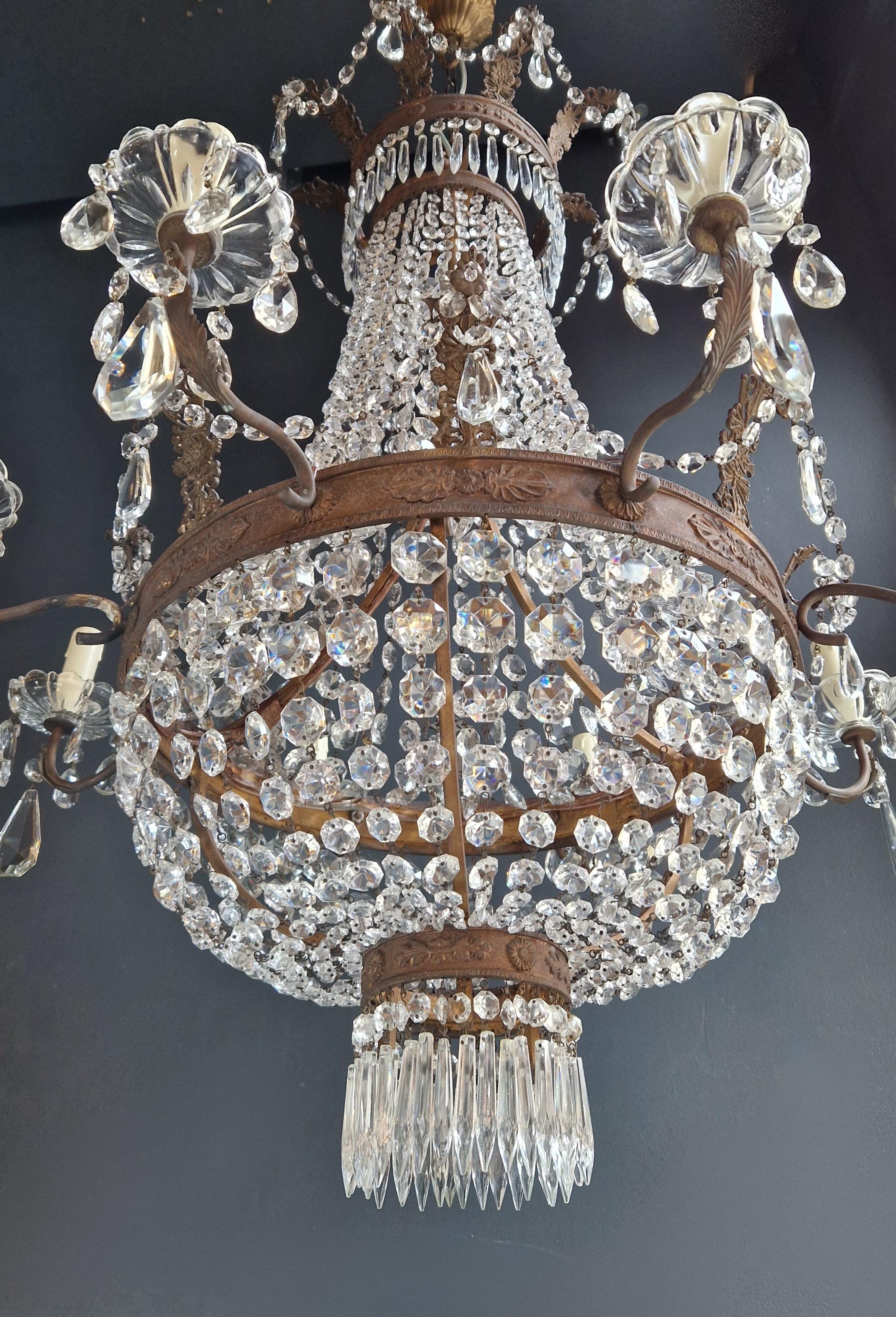 Early 20th Century Empire Brass Chandelier Crystal Lustre Ceiling Light Antique Classical