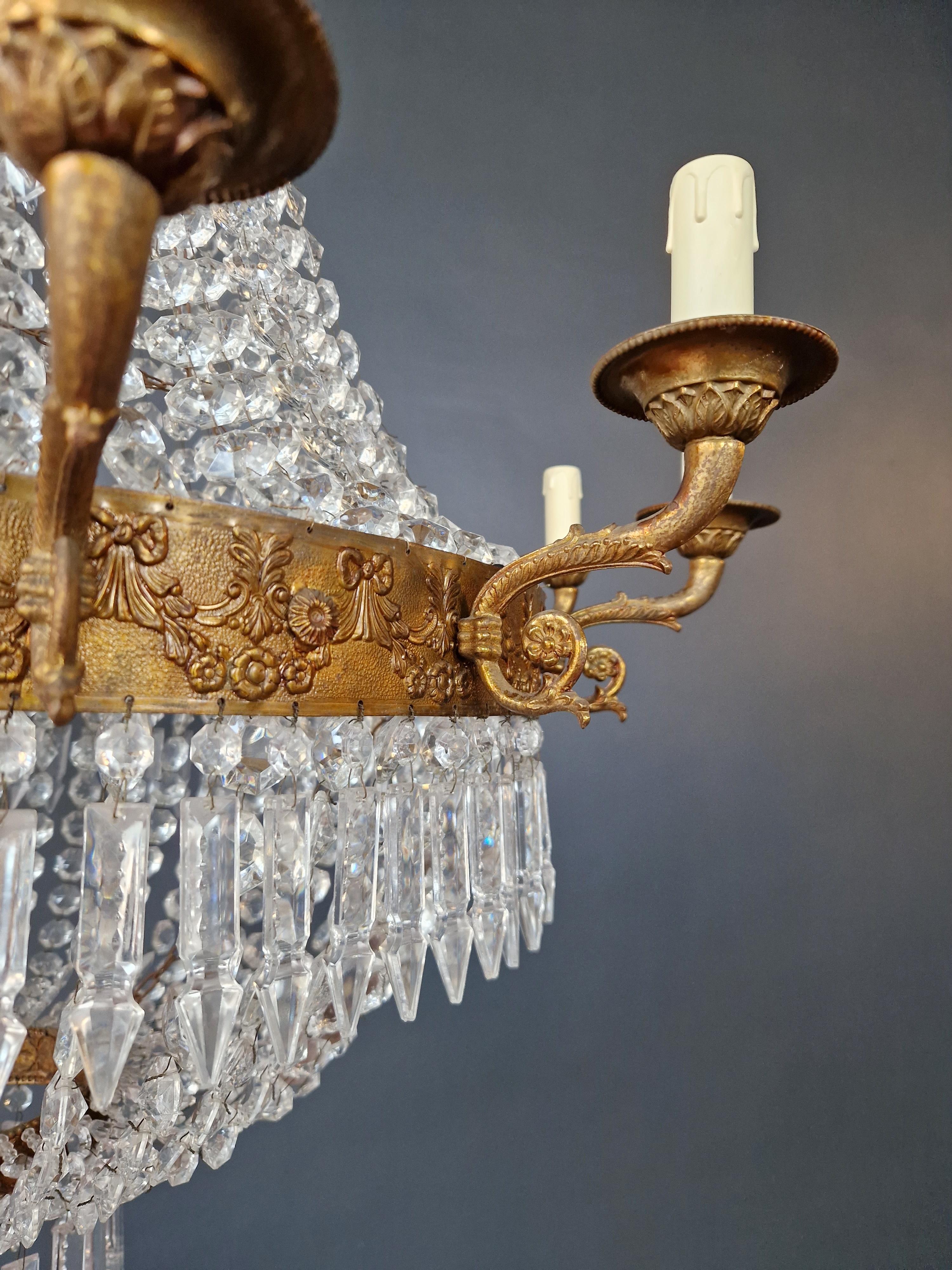 Early 20th Century Empire Brass Chandelier Crystal Lustre Ceiling Light Antique Classical