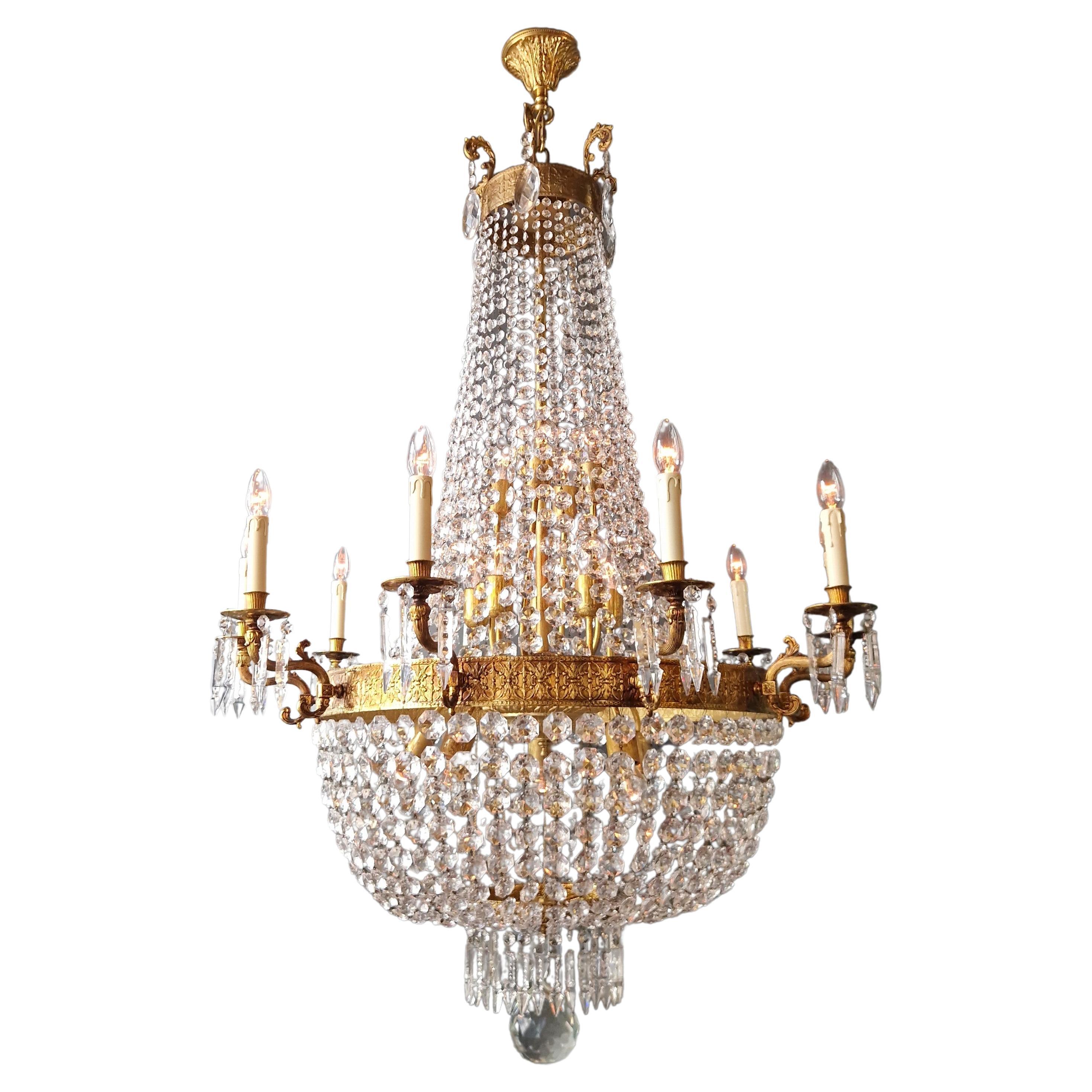 Plafonnier Empire en laiton lustré cristal antique classique
