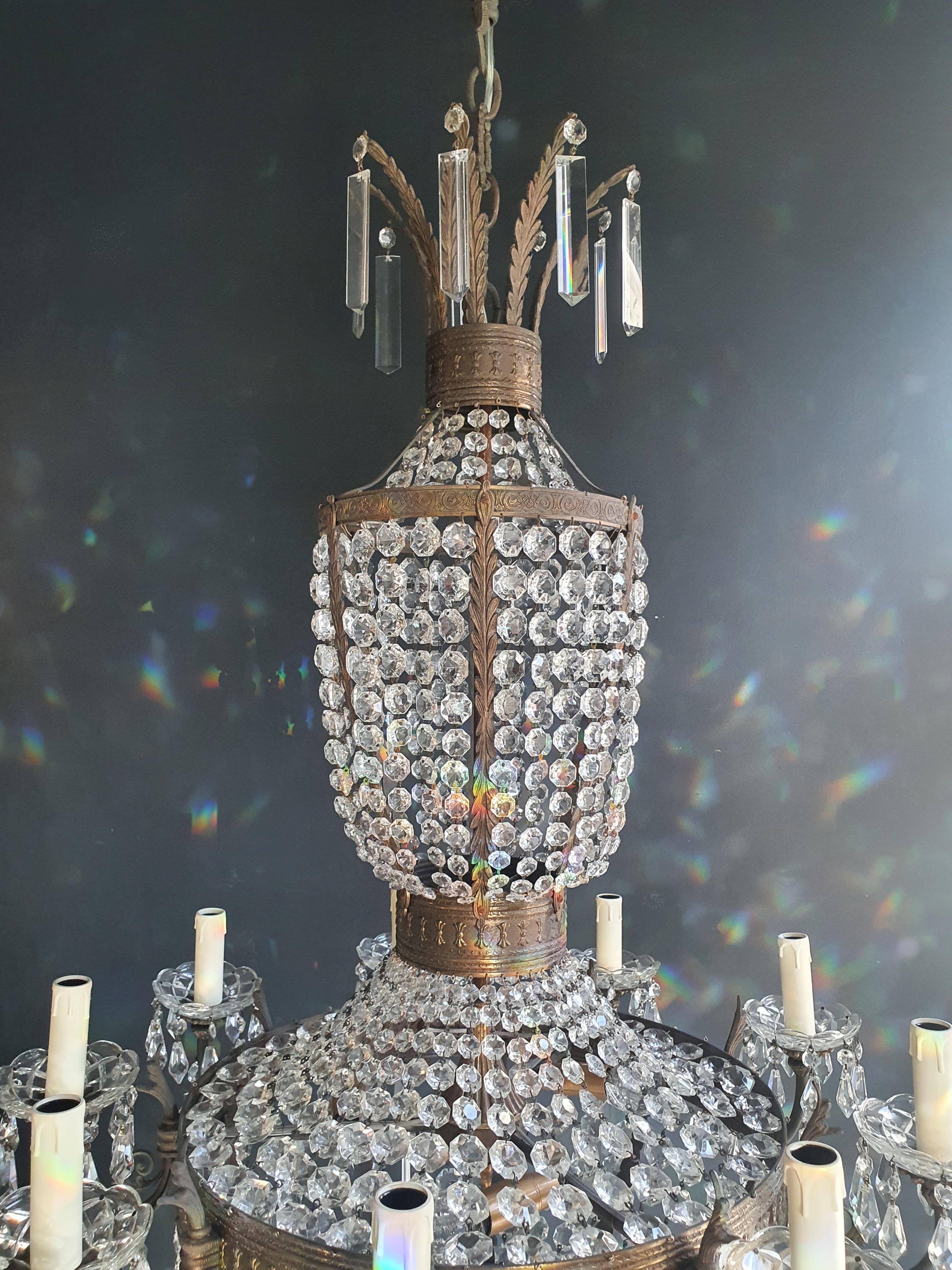 Mid-20th Century Empire Brass Chandelier Crystal Lustre Ceiling Light Antique Bronze