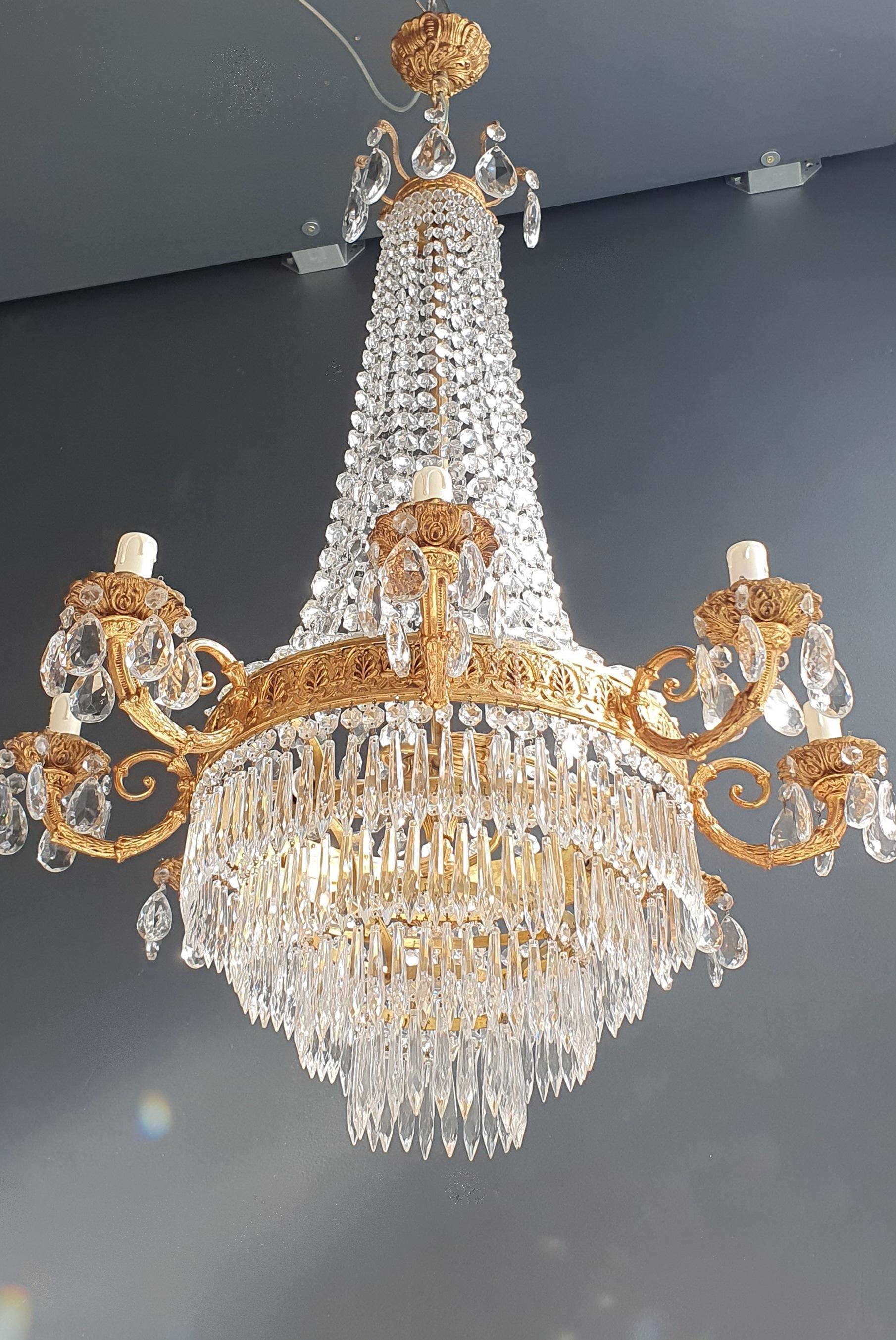 Ottone Lampadario in ottone Empire con lustro di cristallo per soffitto, oro antico