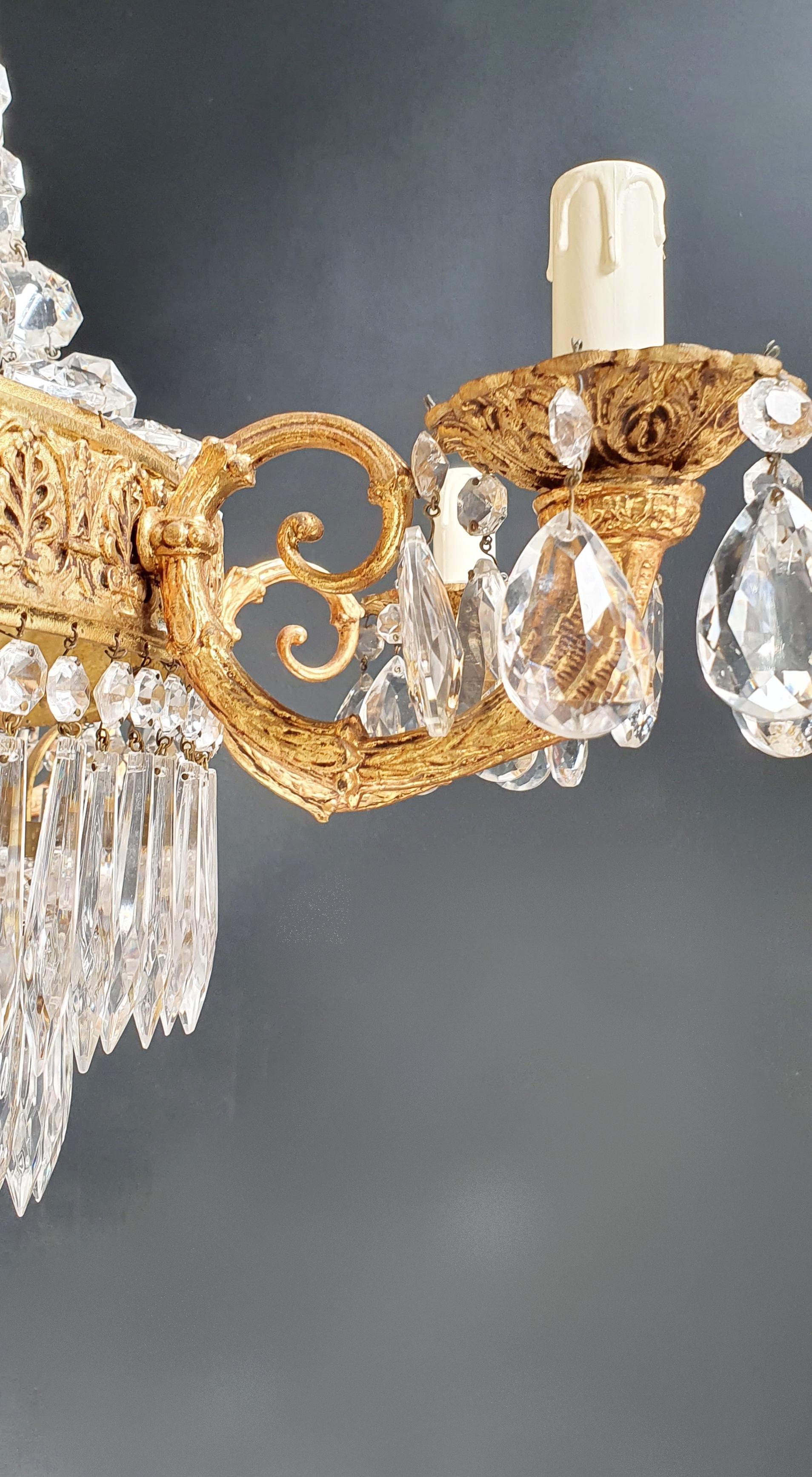 Lampadario in ottone Empire con lustro di cristallo per soffitto, oro antico 1
