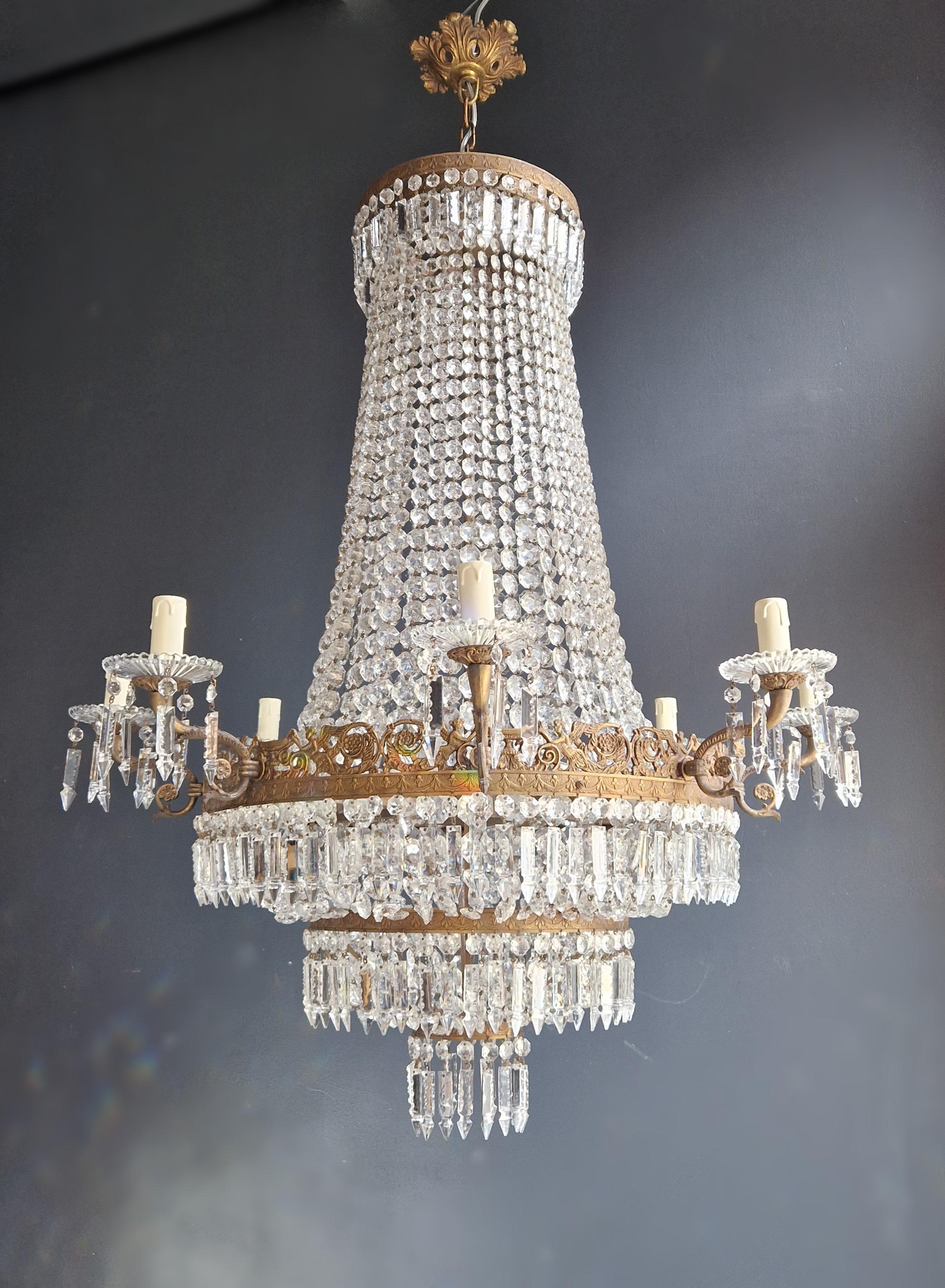 European Empire Brass Chandelier Crystal Lustre Ceiling Light Antique Gold For Sale