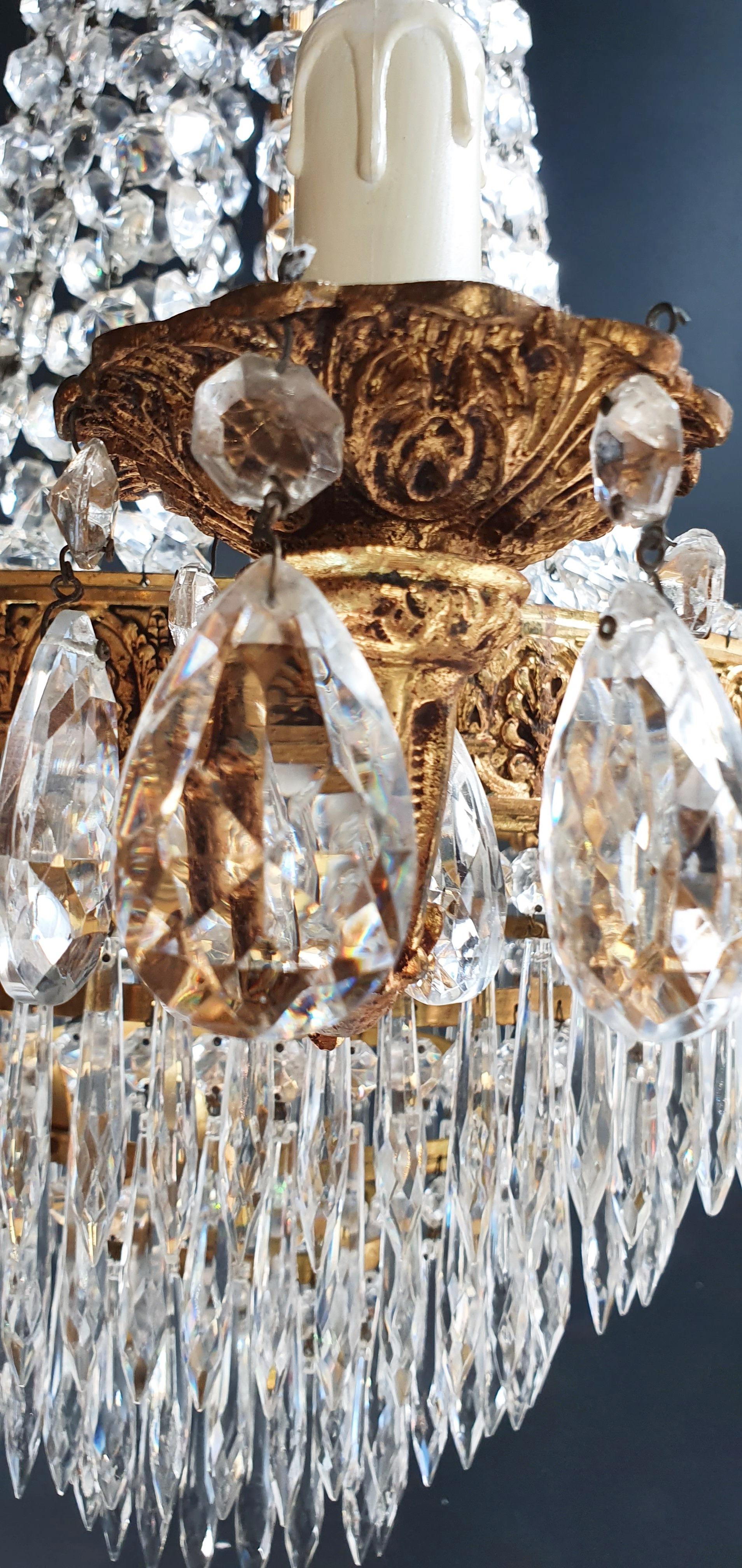 Stile impero Lampadario in ottone Empire con lustro di cristallo per soffitto, oro antico