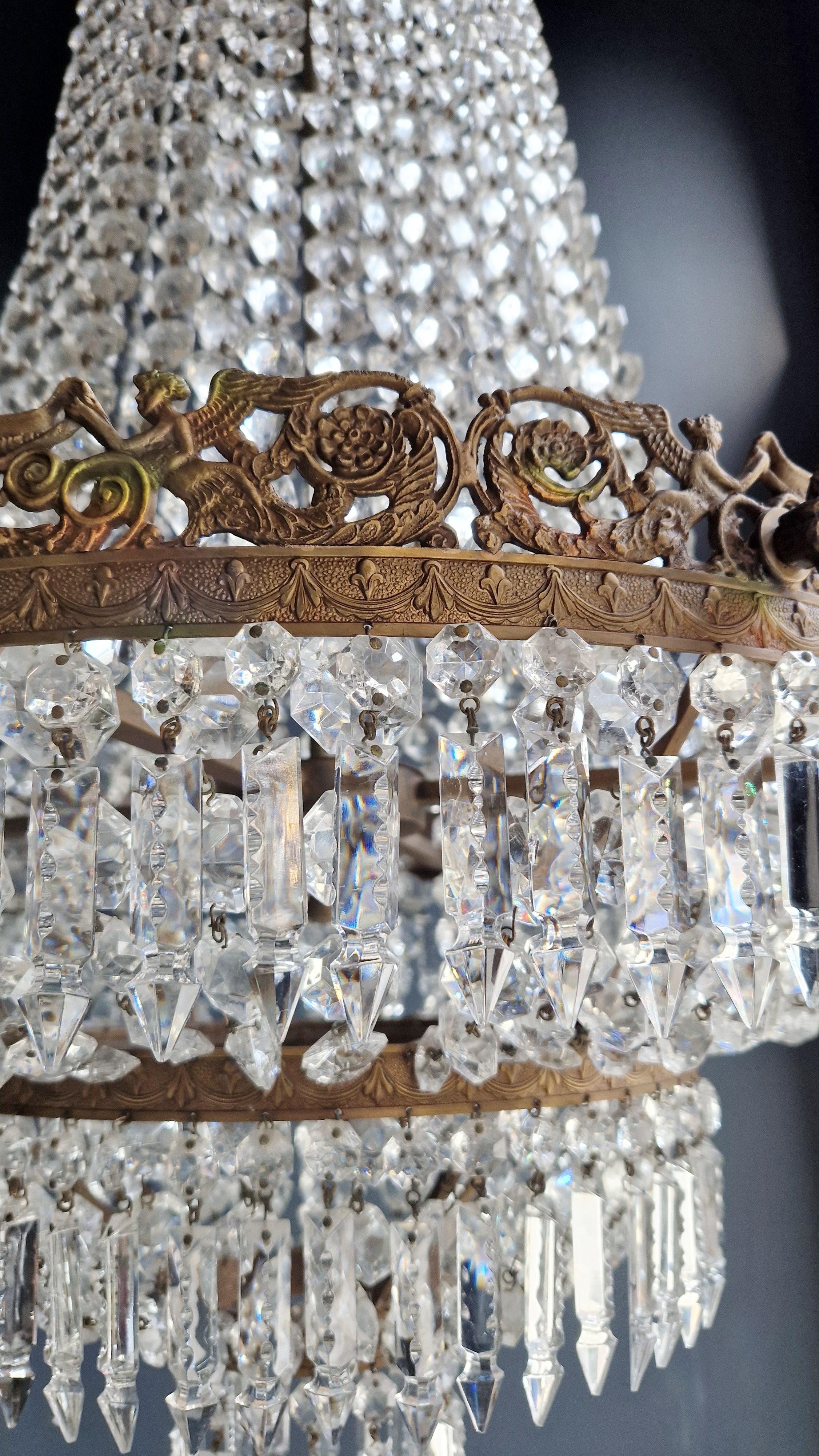 Empire Messing Kronleuchter Kristall Lüster Deckenleuchte Antique Gold (Mitte des 20. Jahrhunderts) im Angebot