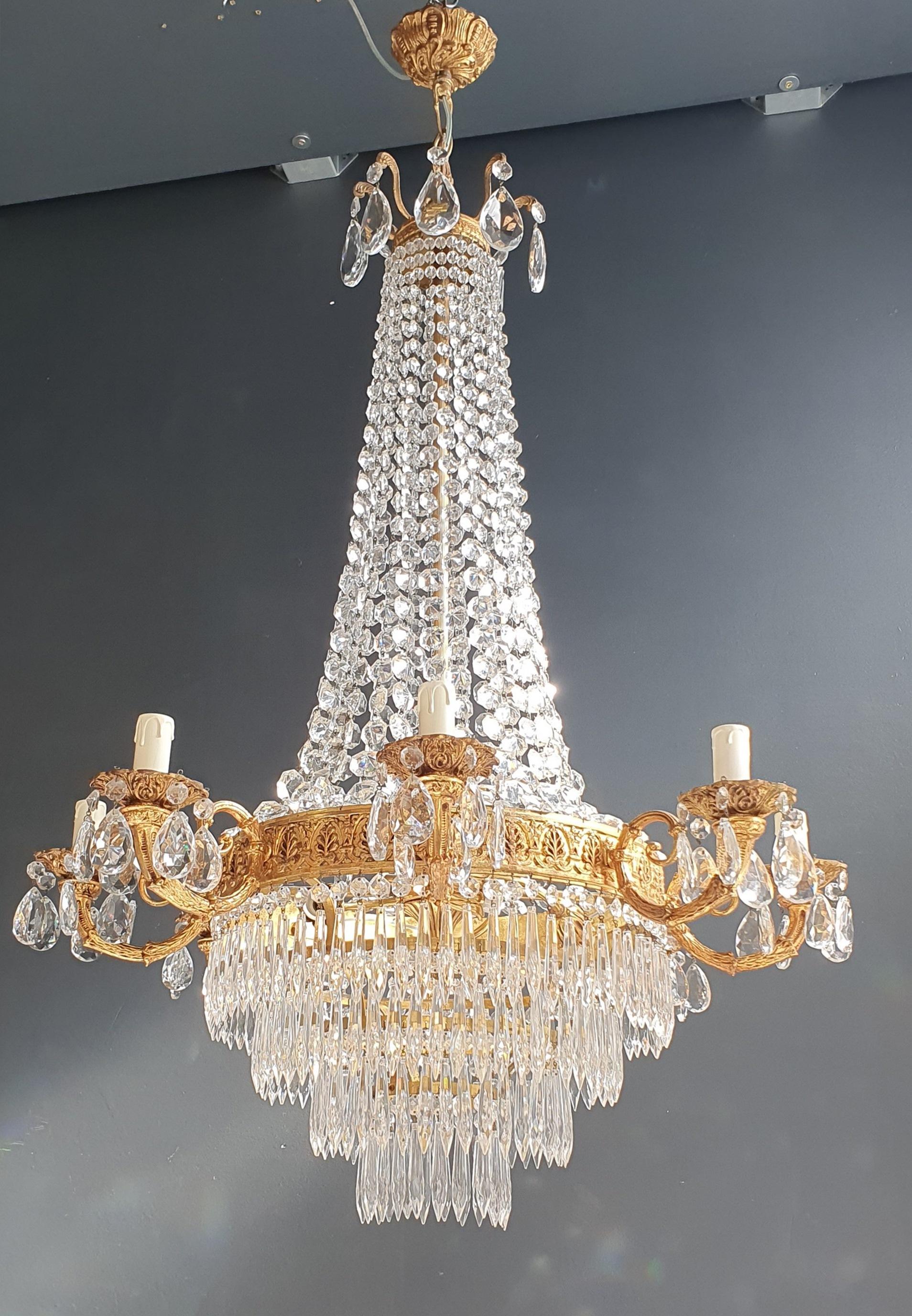 Europeo Lampadario in ottone Empire con lustro di cristallo per soffitto, oro antico