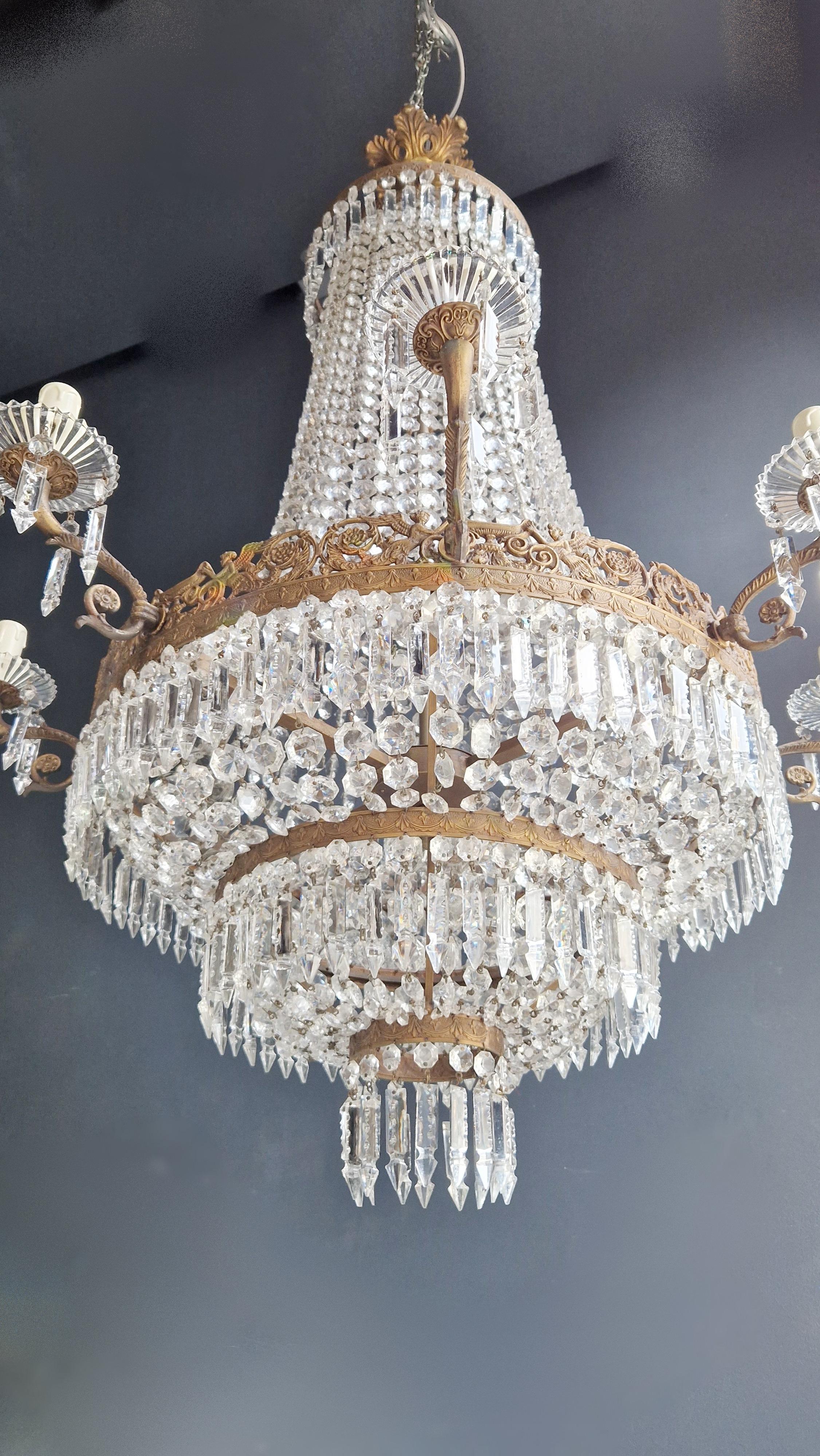 Mid-20th Century Empire Brass Chandelier Crystal Lustre Ceiling Light Antique Gold For Sale