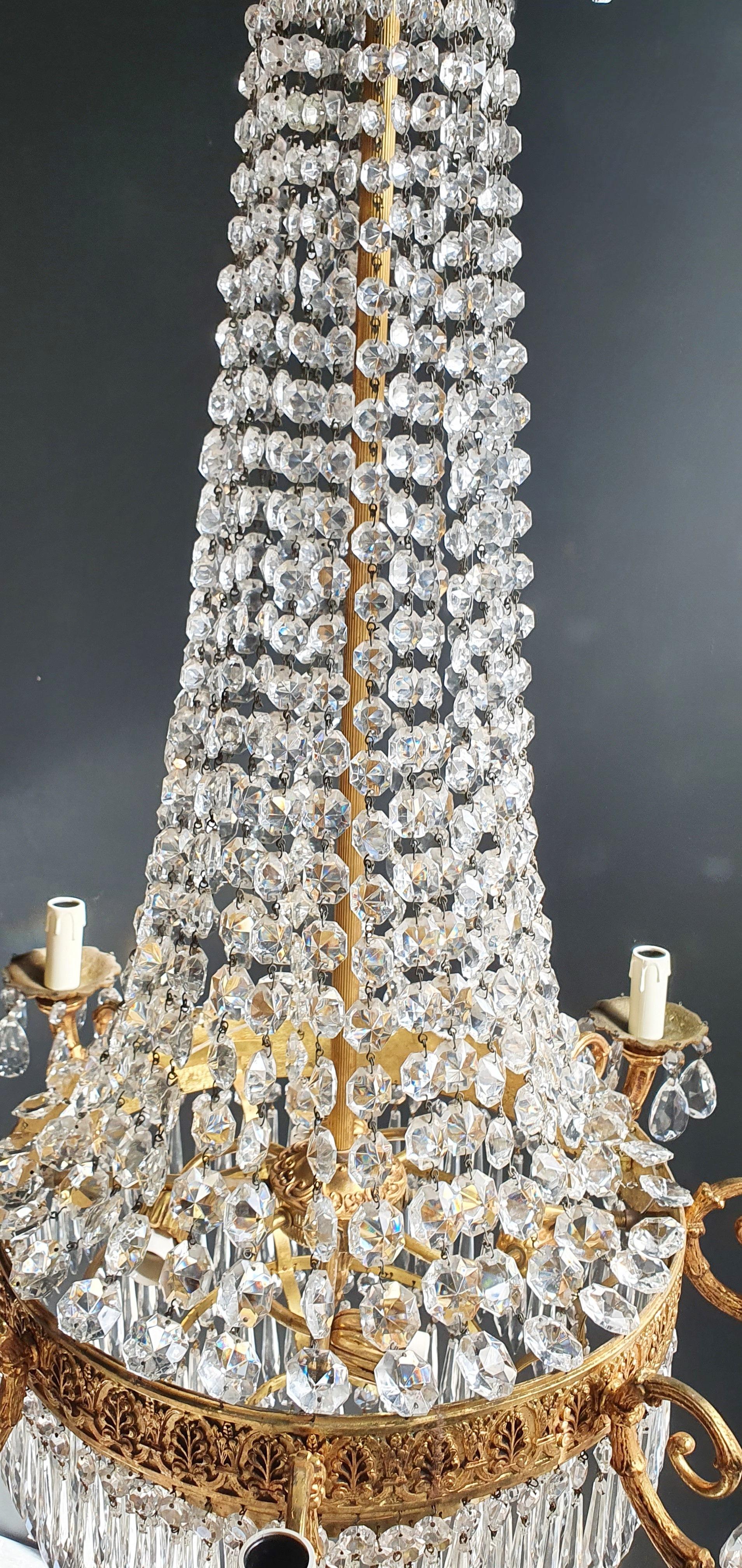 Lampadario in ottone Empire con lustro di cristallo per soffitto, oro antico In condizioni buone a Berlin, DE