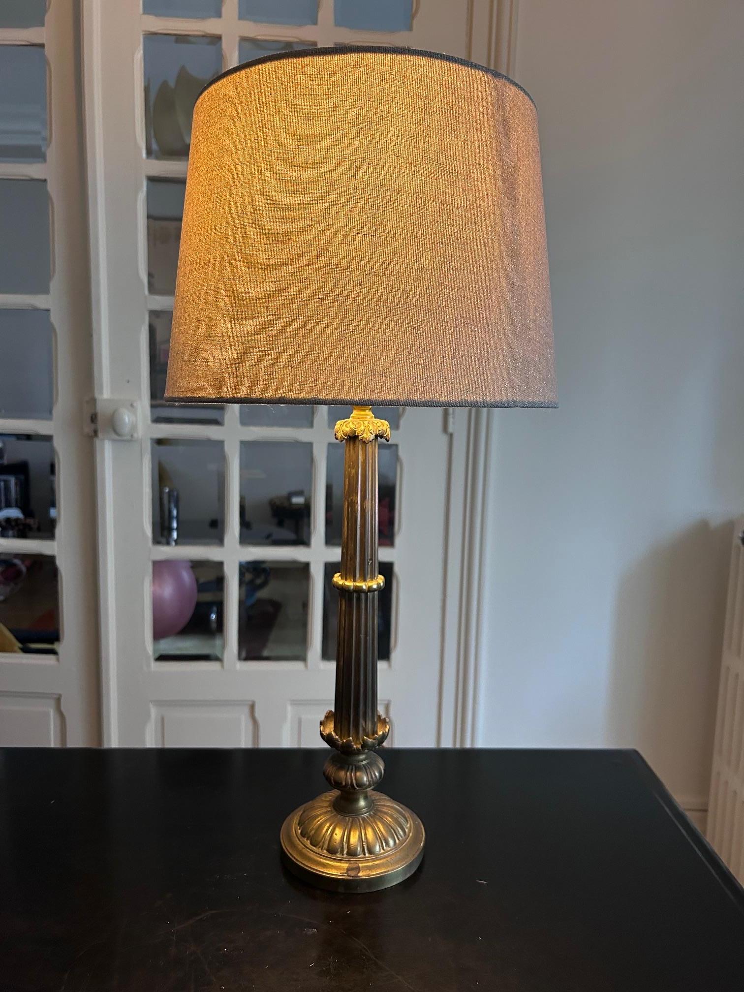 empire lamp stem in solid brass with contemporary lampshade from the 1950's
base is 44 centimetres high ( 17 1/3