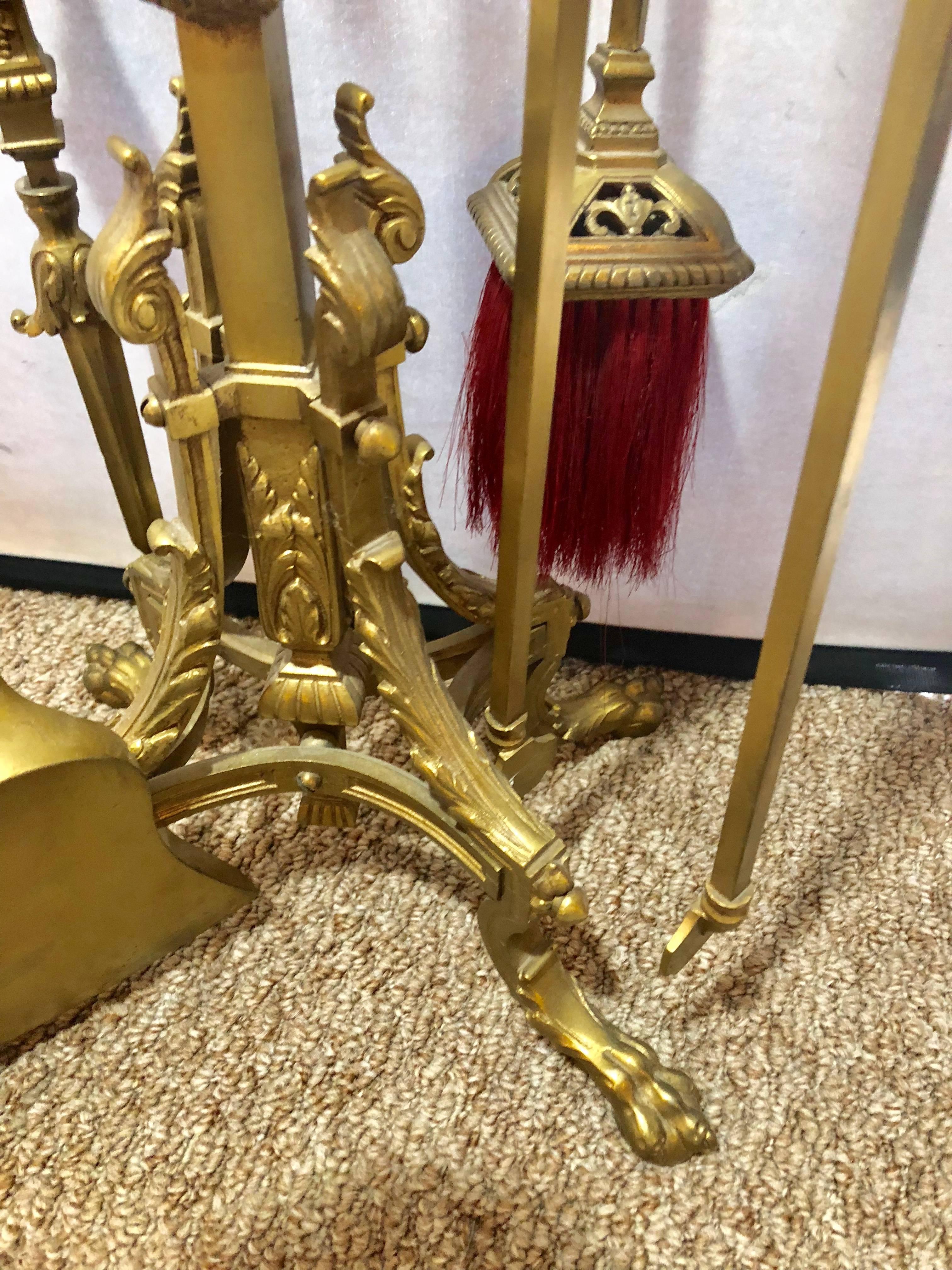 Empire Brass Fireplace Tool Set Having Four Tools and a Stand In Good Condition In Stamford, CT