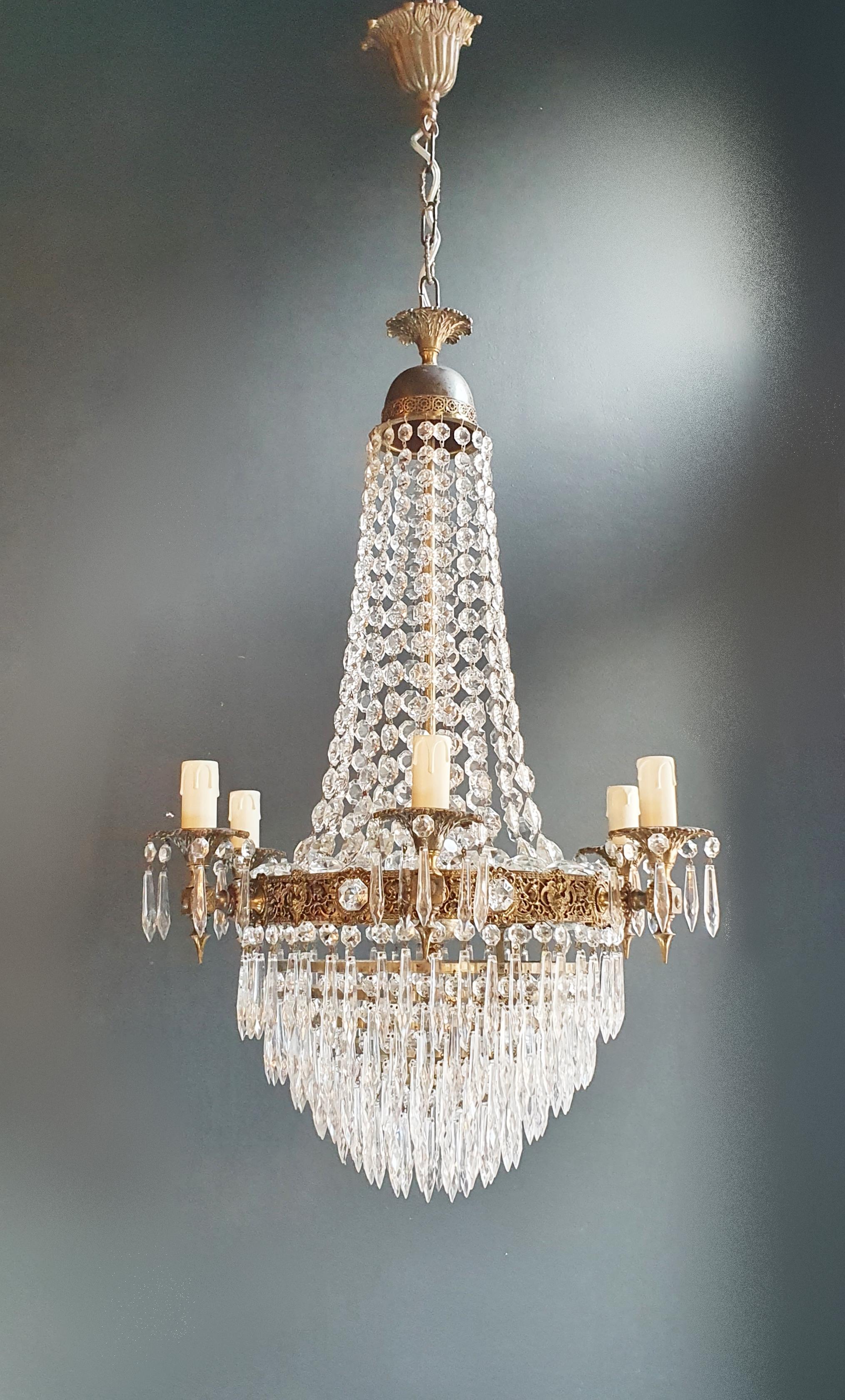 European Empire Brass Sac a Pearl Chandelier Crystal Lustre Ceiling Antique