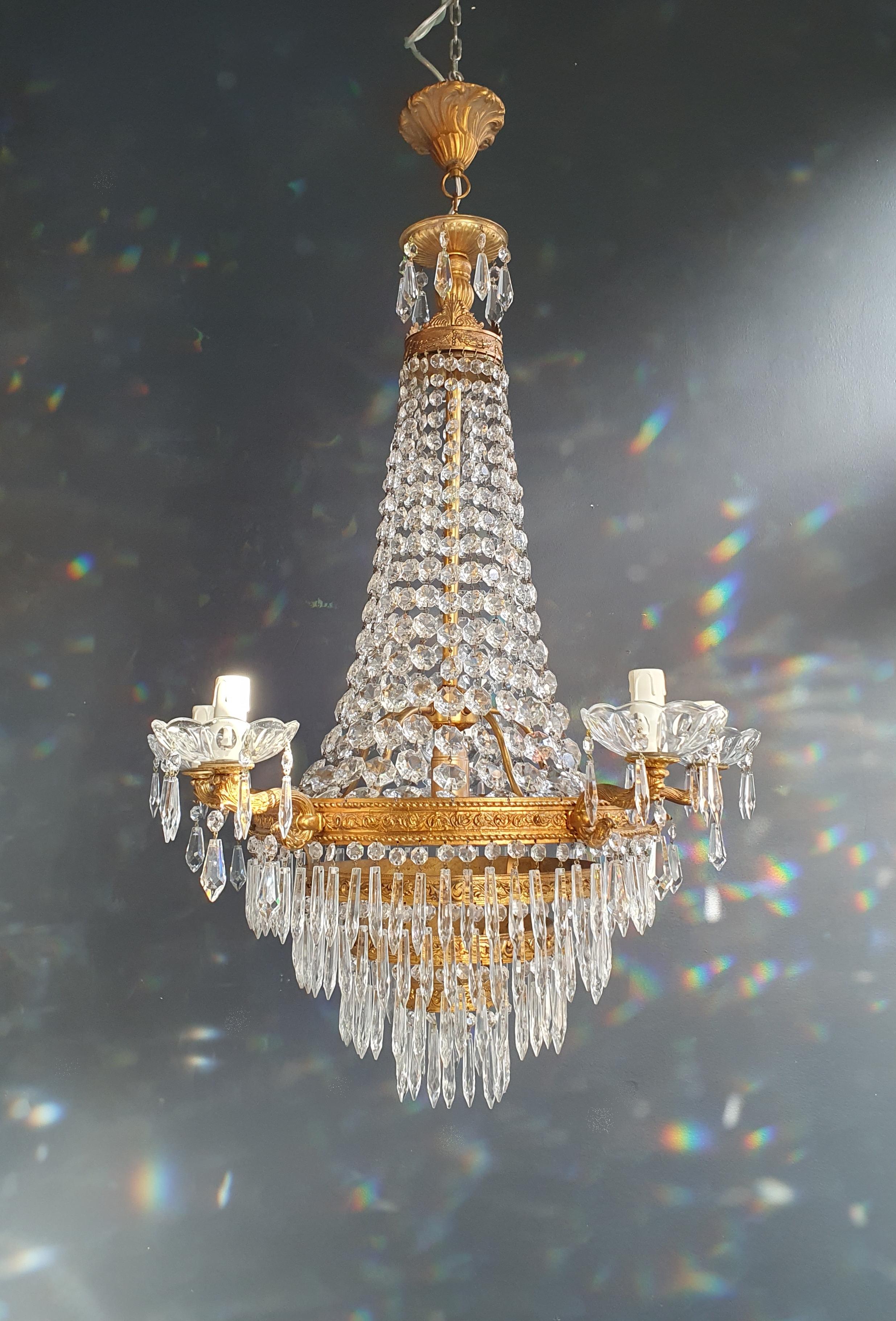 European Empire Brass Sac a Pearl Chandelier Crystal Lustre Ceiling Antique