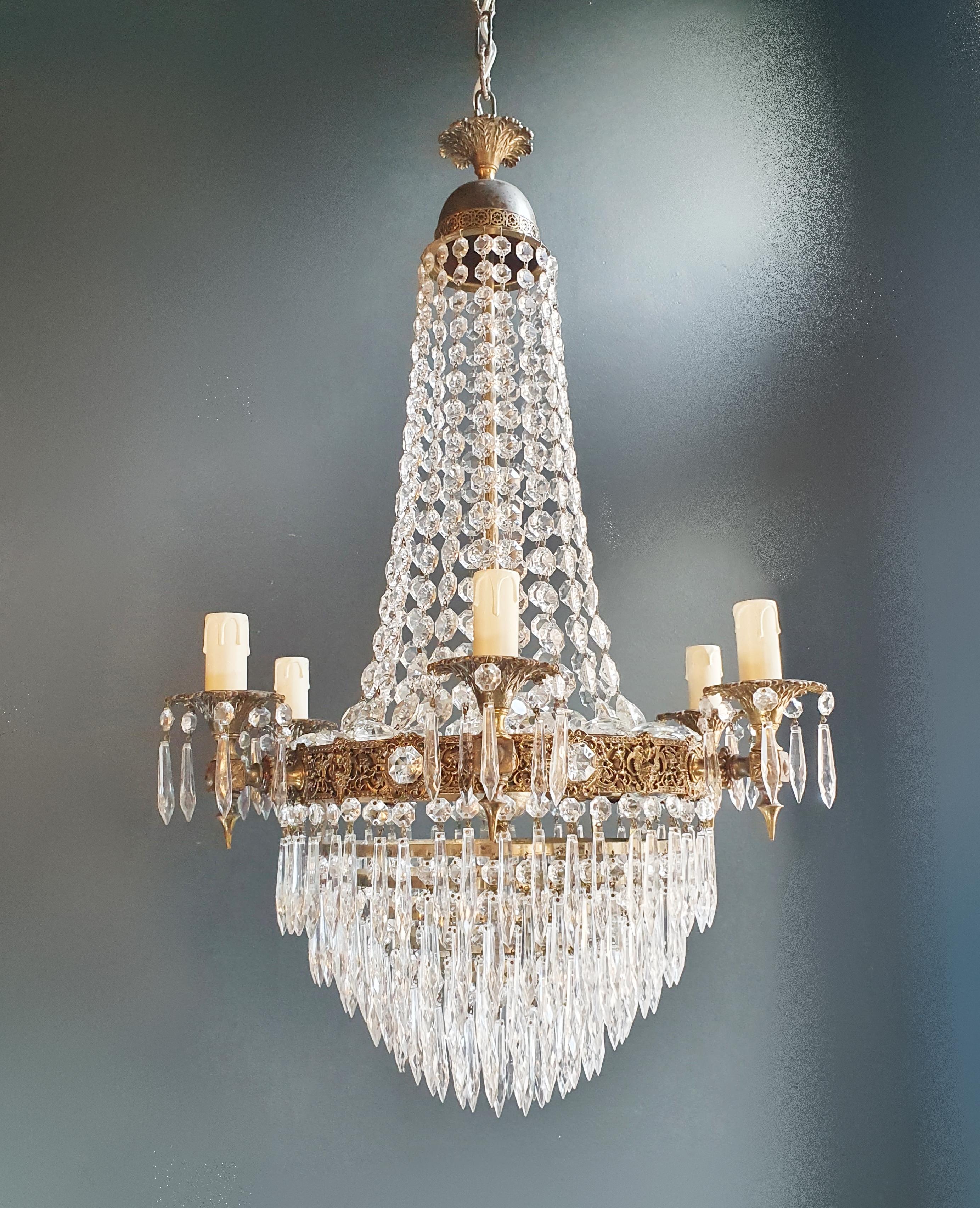 Hand-Knotted Empire Brass Sac a Pearl Chandelier Crystal Lustre Ceiling Antique