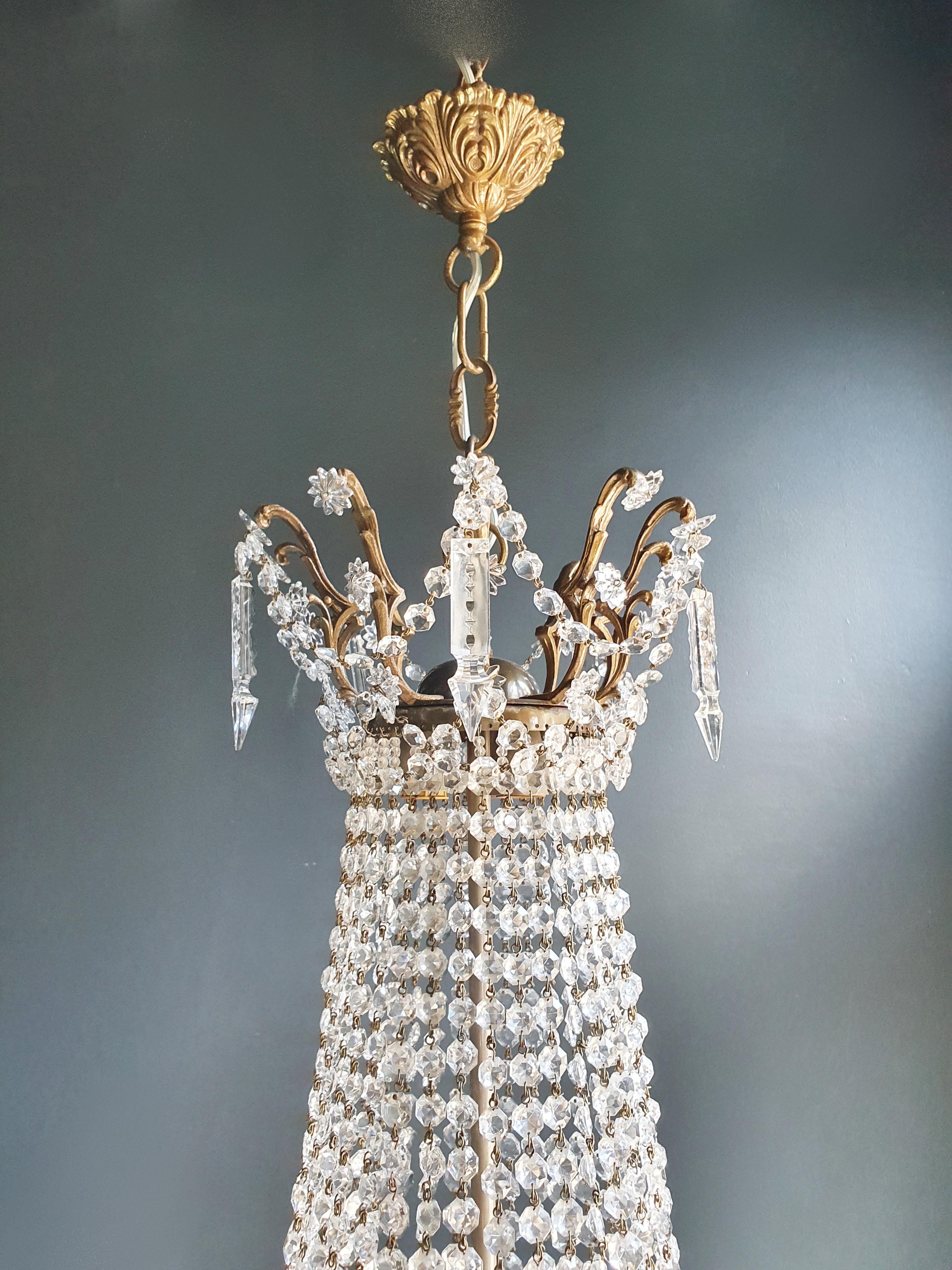 Hand-Knotted Empire Brass Sac a Pearl Chandelier Crystal Antique Bronze Basket