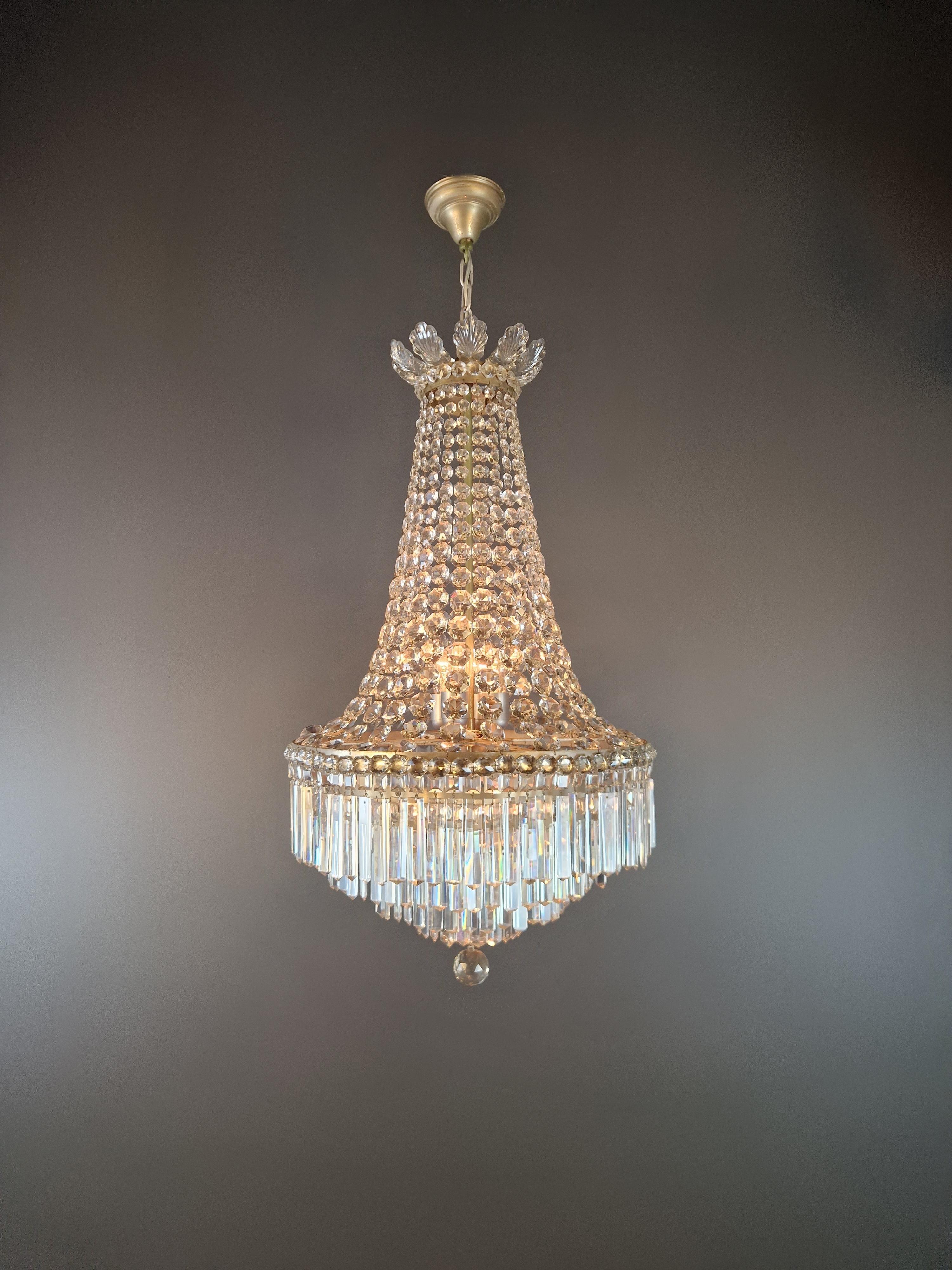Italian Empire Brass Sac a Pearl Chandelier Crystal Lustre Ceiling Antique For Sale