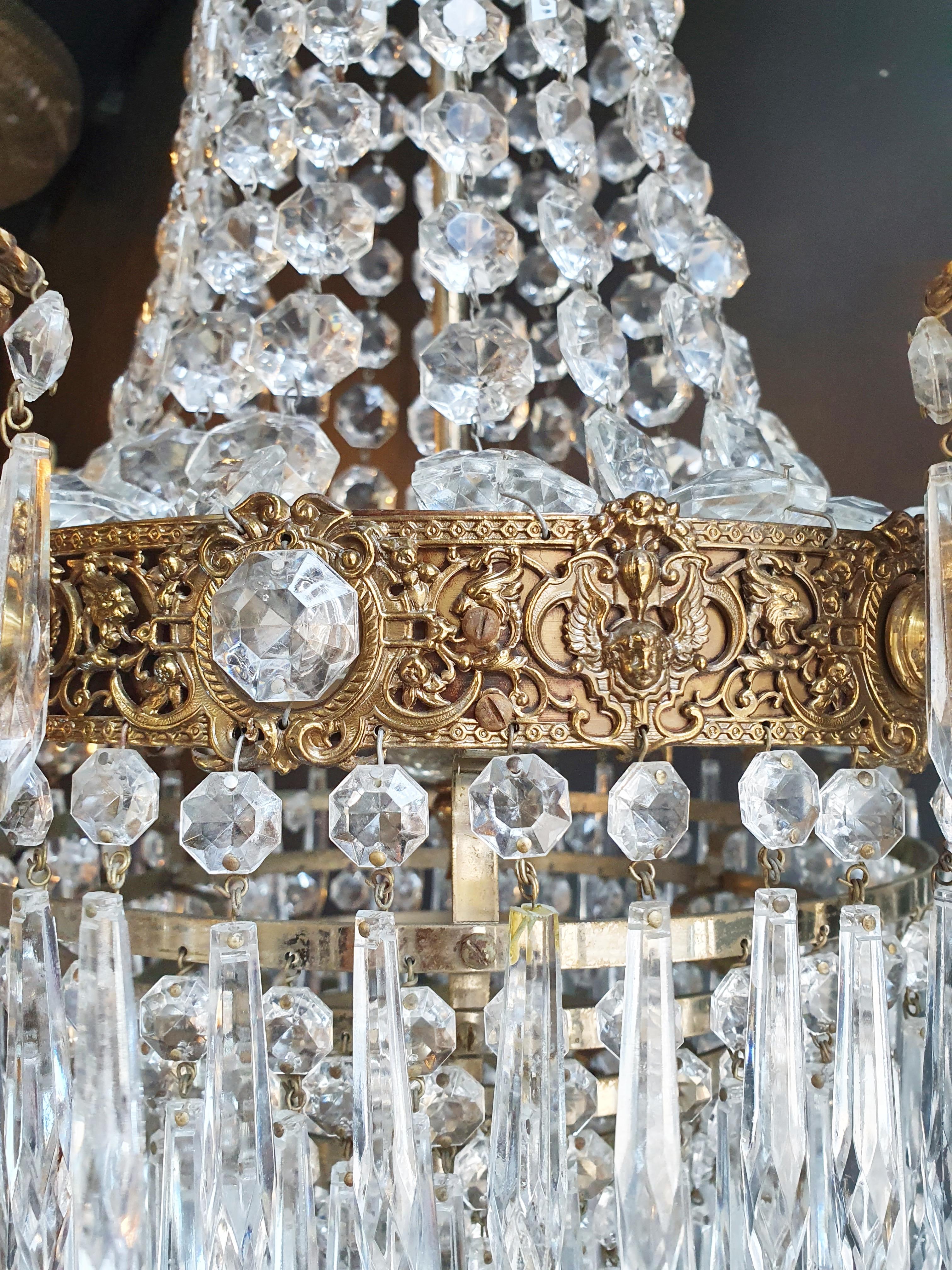 Empire Brass Sac a Pearl Chandelier Crystal Lustre Ceiling Antique In Good Condition In Berlin, DE