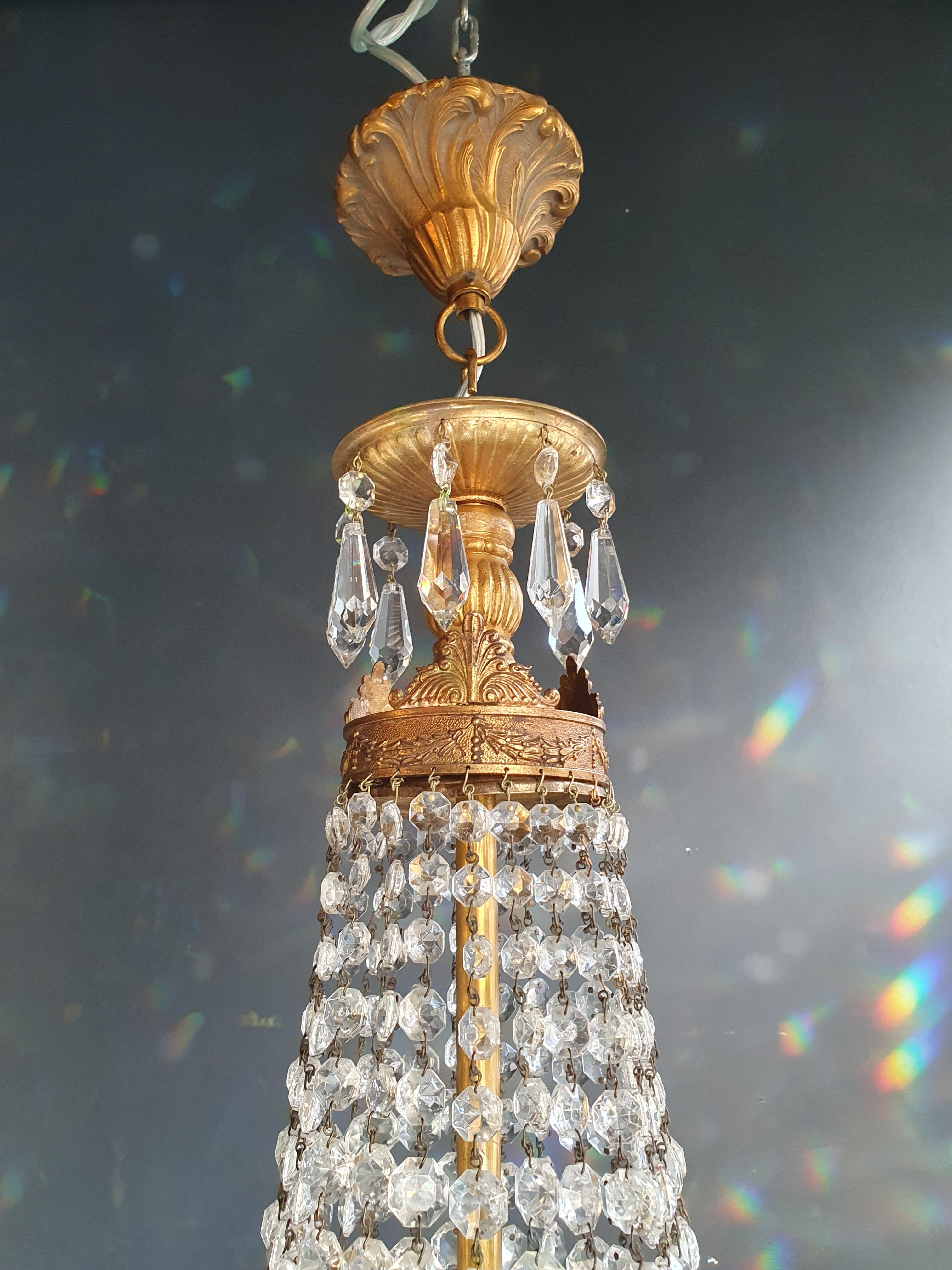 Mid-20th Century Empire Brass Sac a Pearl Chandelier Crystal Lustre Ceiling Antique