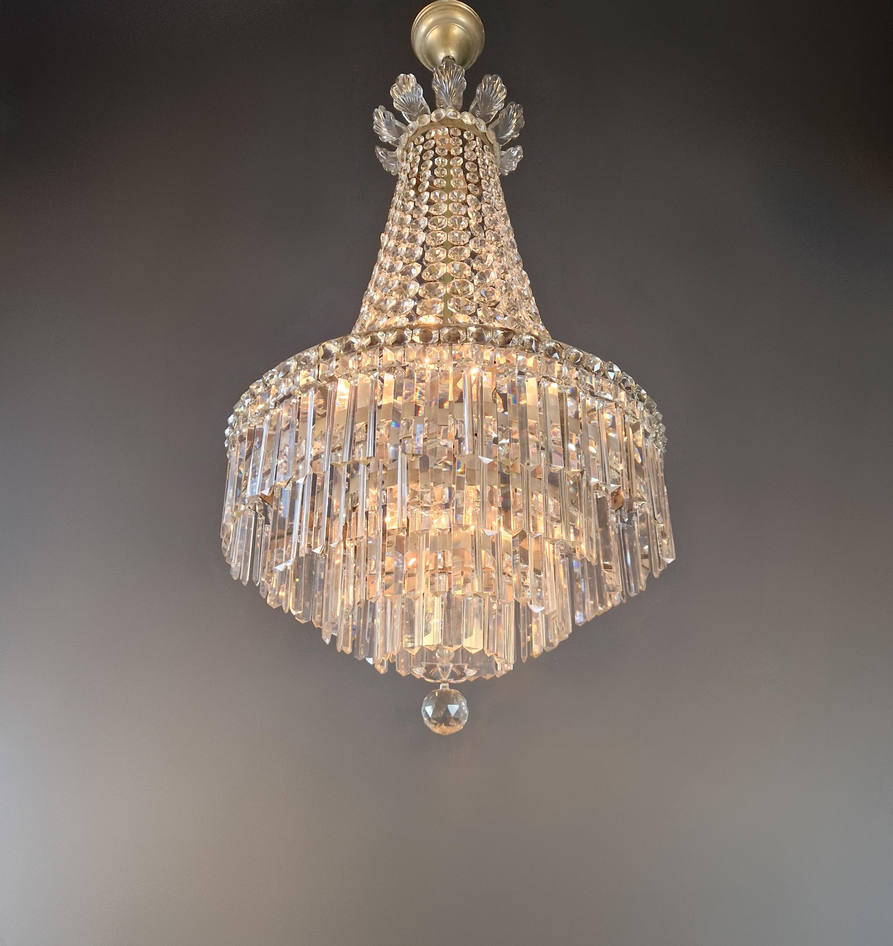 Mid-20th Century Empire Brass Sac a Pearl Chandelier Crystal Lustre Ceiling Antique For Sale