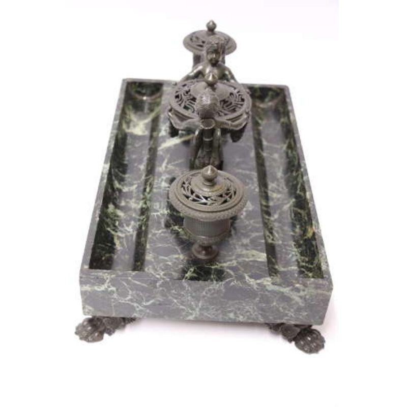 Polished Empire Bronze and Marble Desk Top Inkstand by Lefebvre of Belgium, circa 1820 For Sale
