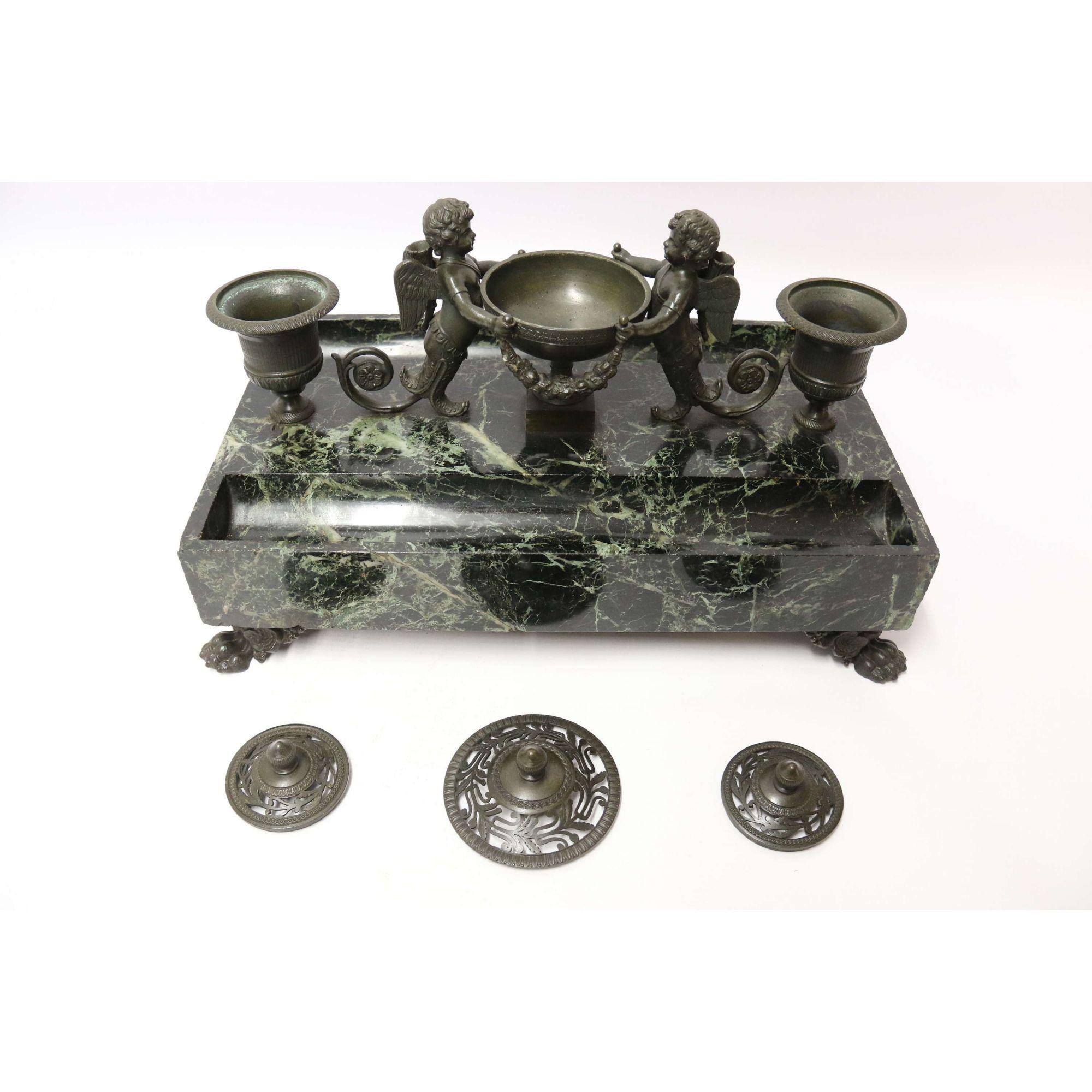 19th Century Empire Bronze and Marble Desk Top Inkstand by Lefebvre of Belgium, circa 1820 For Sale