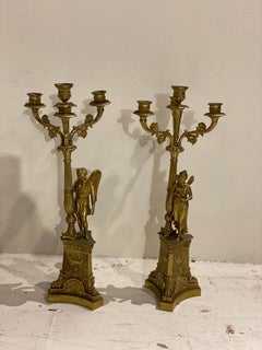 Late 19th century French Empire Bronze Candlestick Table Lamps