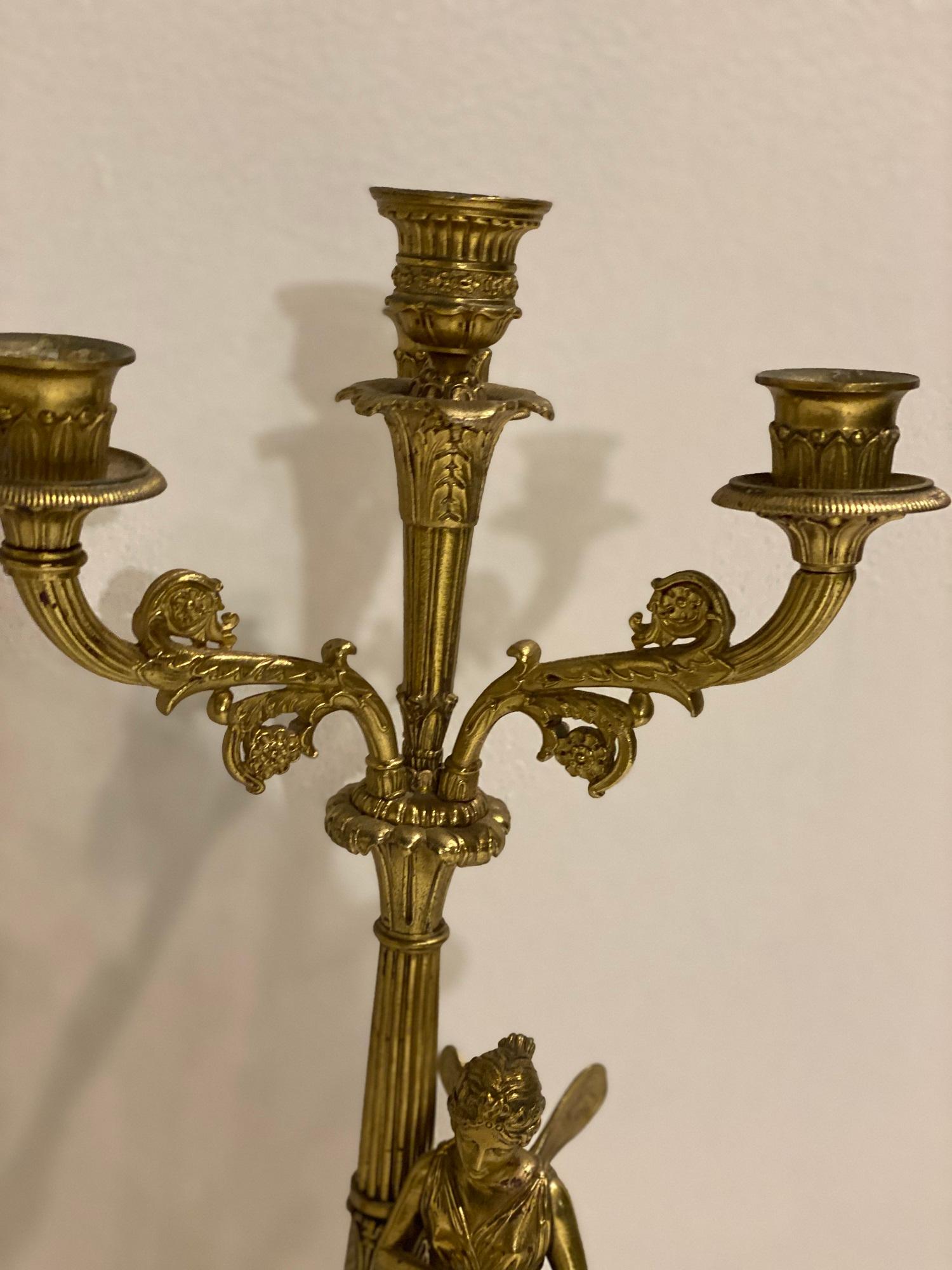 Late 19th century French Empire Bronze Candlestick Table Lamps In Good Condition For Sale In New York, NY