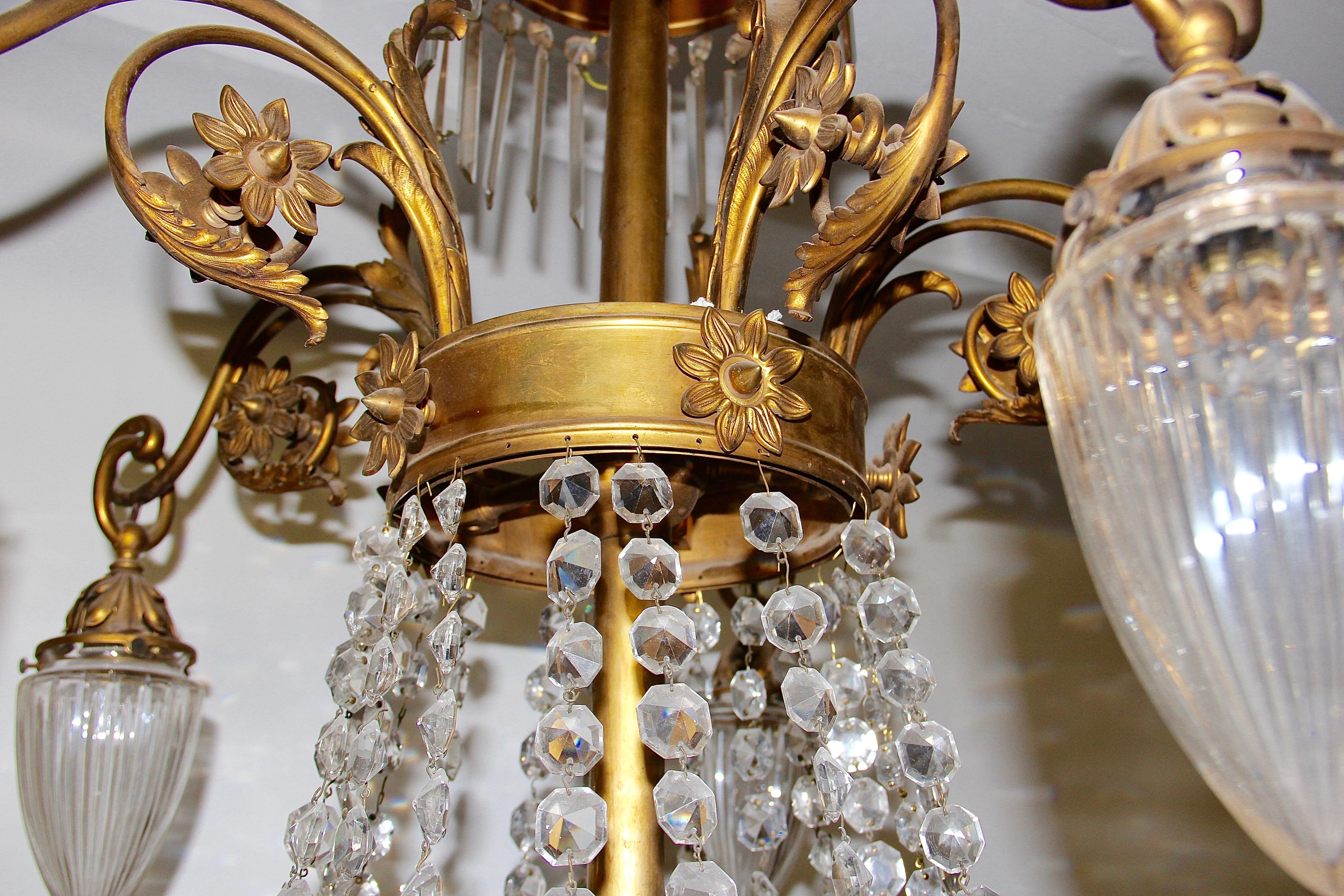 Empire Bronze Crystal Chandelier, with Fire-Gilded Swans, 19th Century For Sale 4