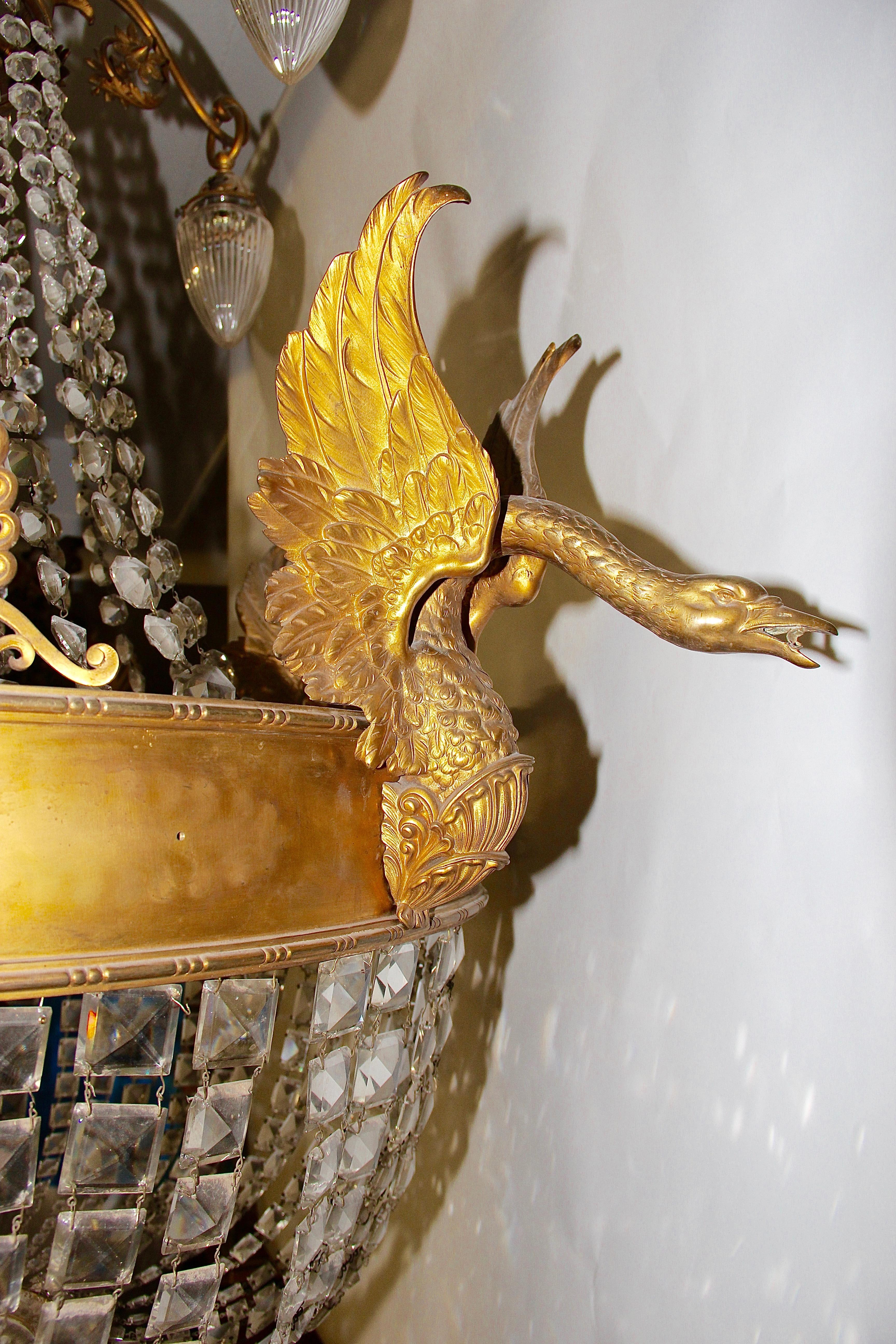 Empire Bronze Crystal Chandelier, with Fire-Gilded Swans, 19th Century For Sale 5
