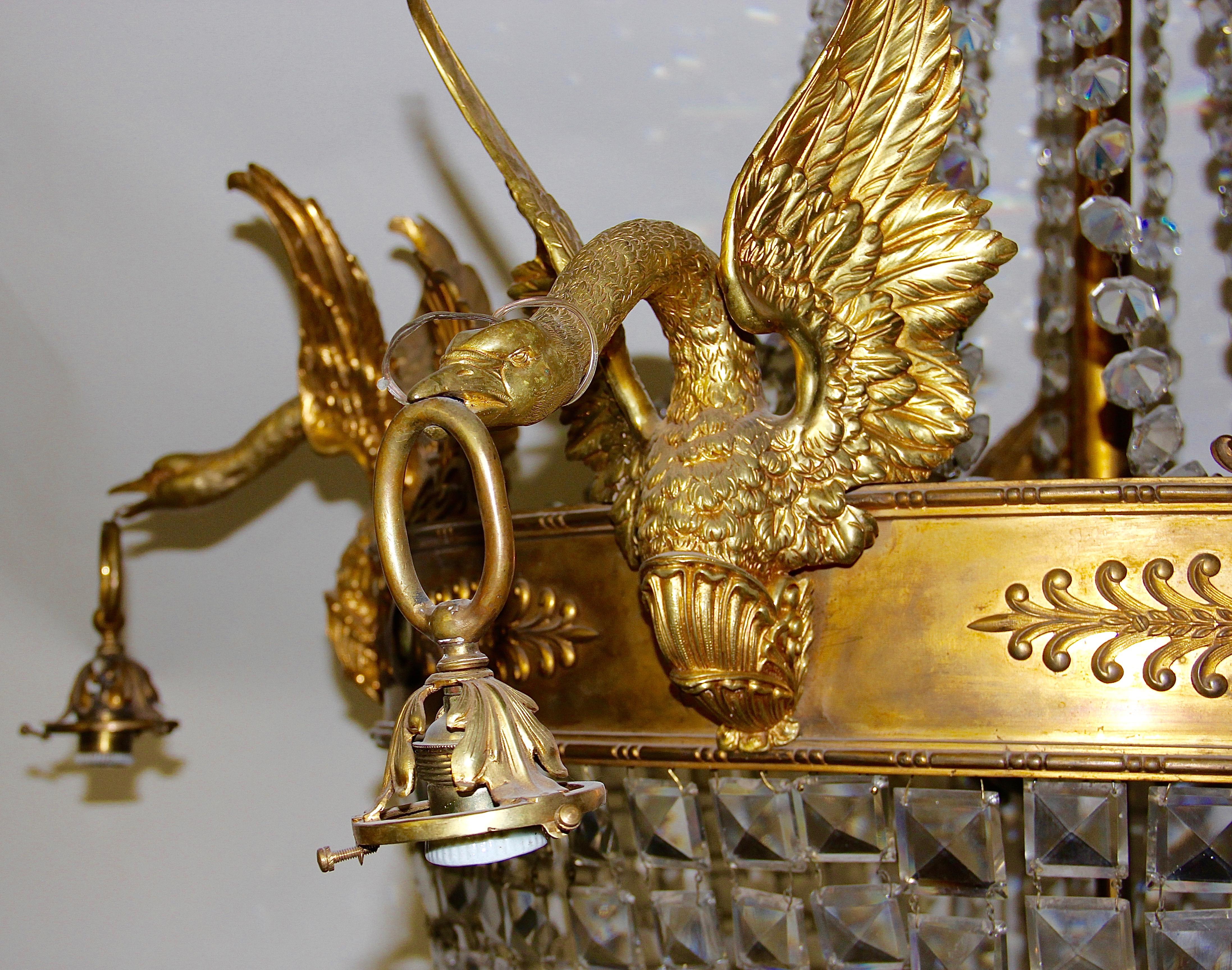 Empire Bronze Crystal Chandelier, with Fire-Gilded Swans, 19th Century For Sale 6