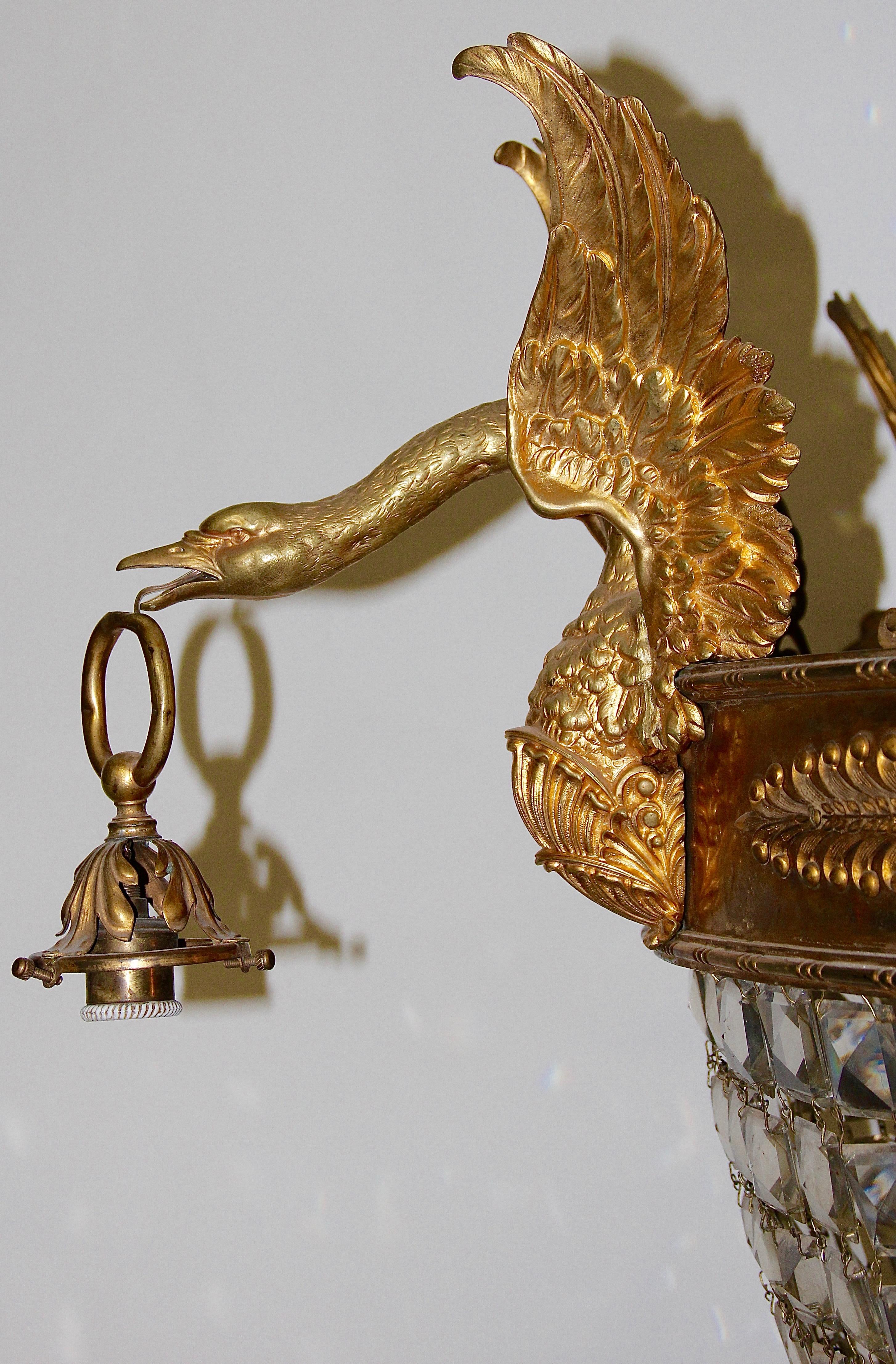 Empire Bronze Crystal Chandelier, with Fire-Gilded Swans, 19th Century For Sale 7