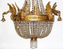 Empire Bronze Crystal Chandelier, with Fire-Gilded Swans, 19th Century