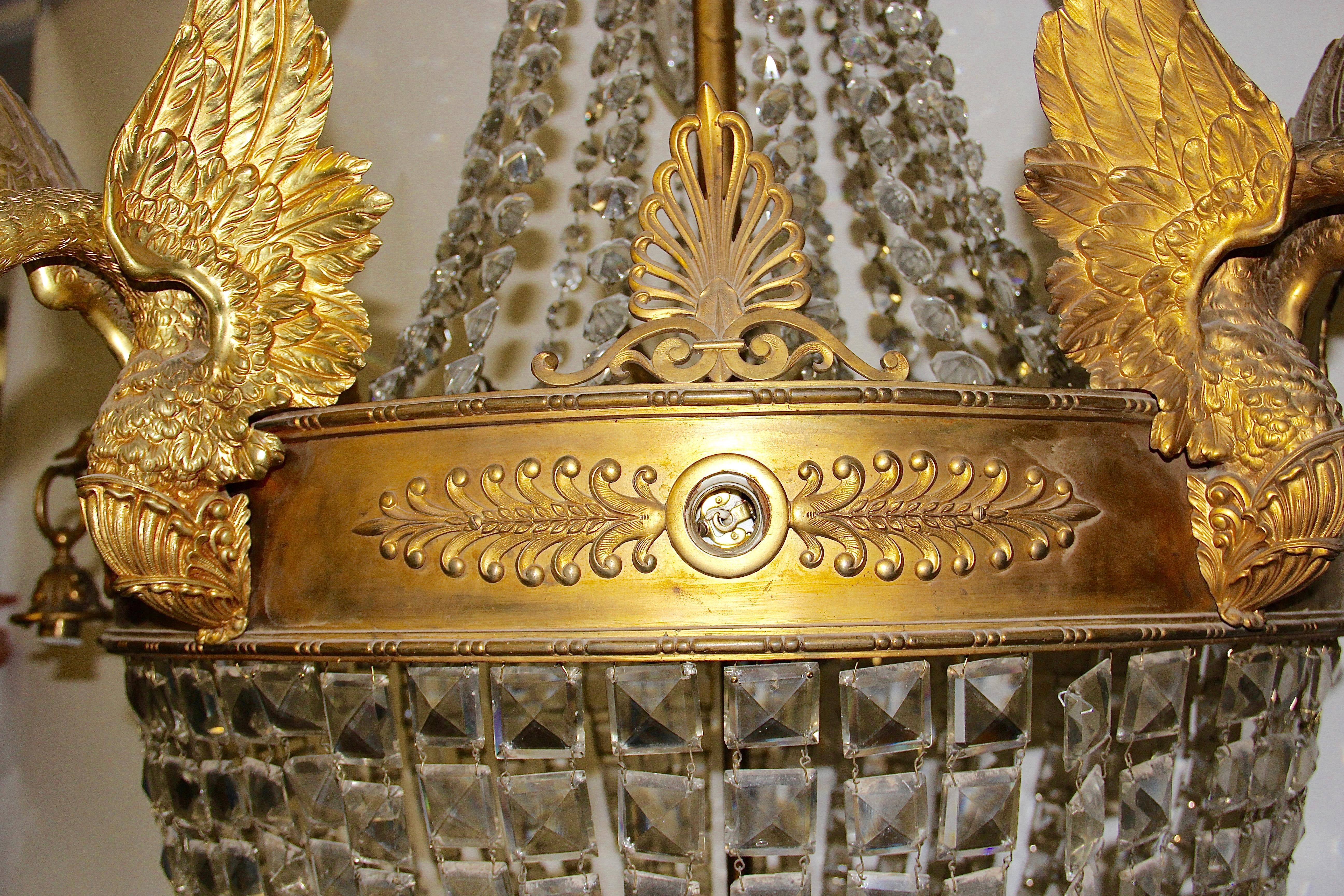 Gilt Empire Bronze Crystal Chandelier, with Fire-Gilded Swans, 19th Century For Sale