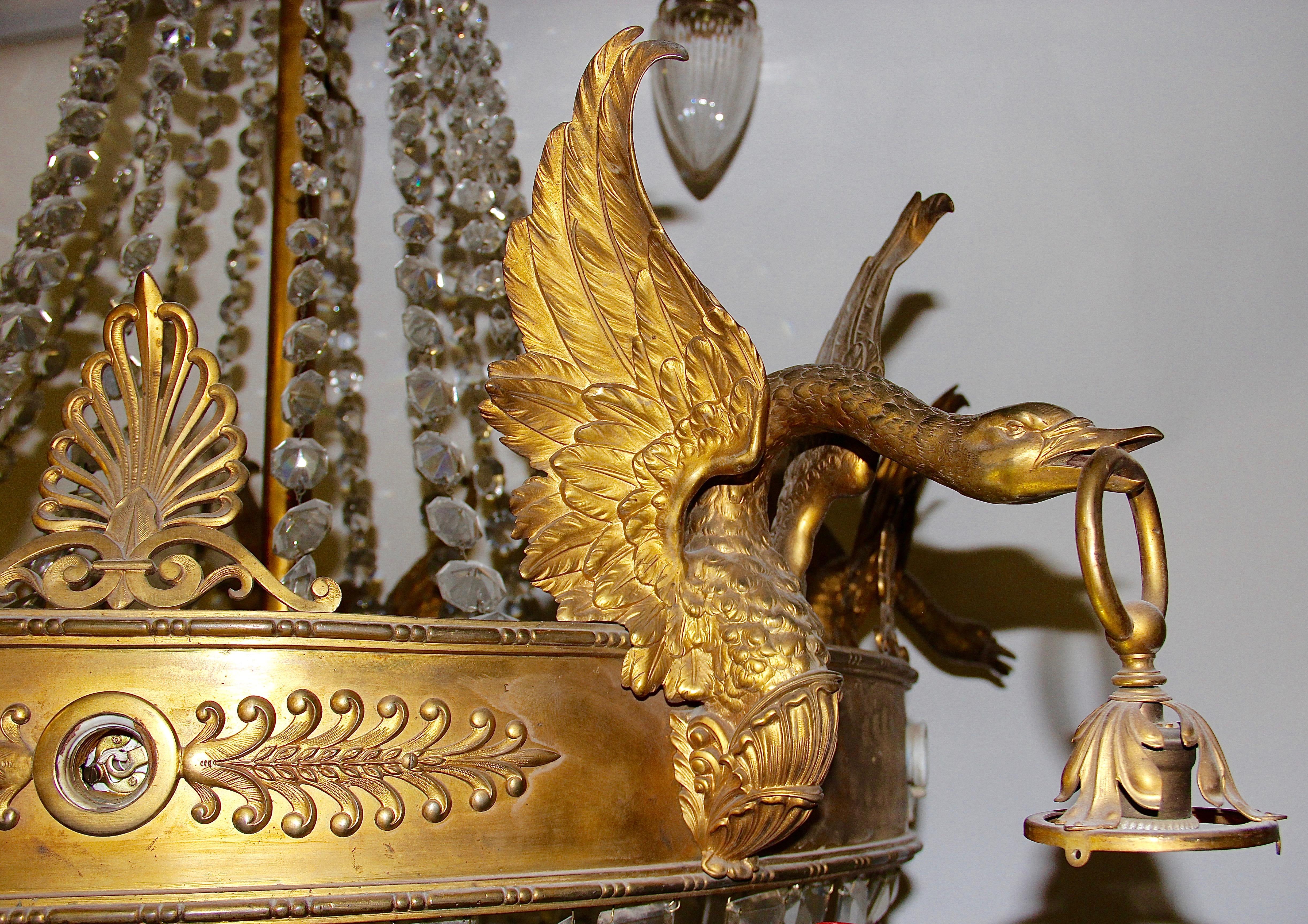 Empire Bronze Crystal Chandelier, with Fire-Gilded Swans, 19th Century For Sale 2