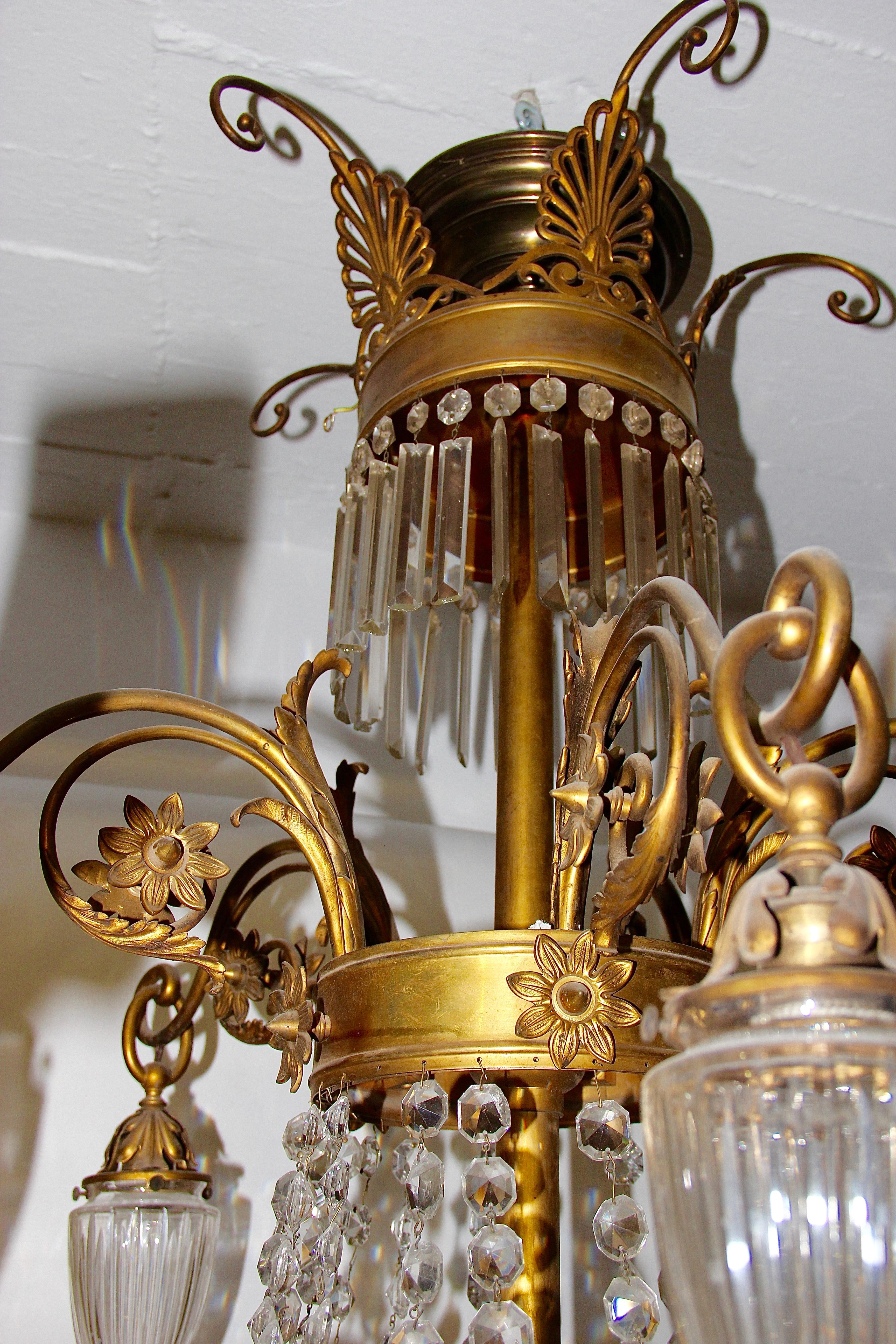 Empire Bronze Crystal Chandelier, with Fire-Gilded Swans, 19th Century For Sale 3