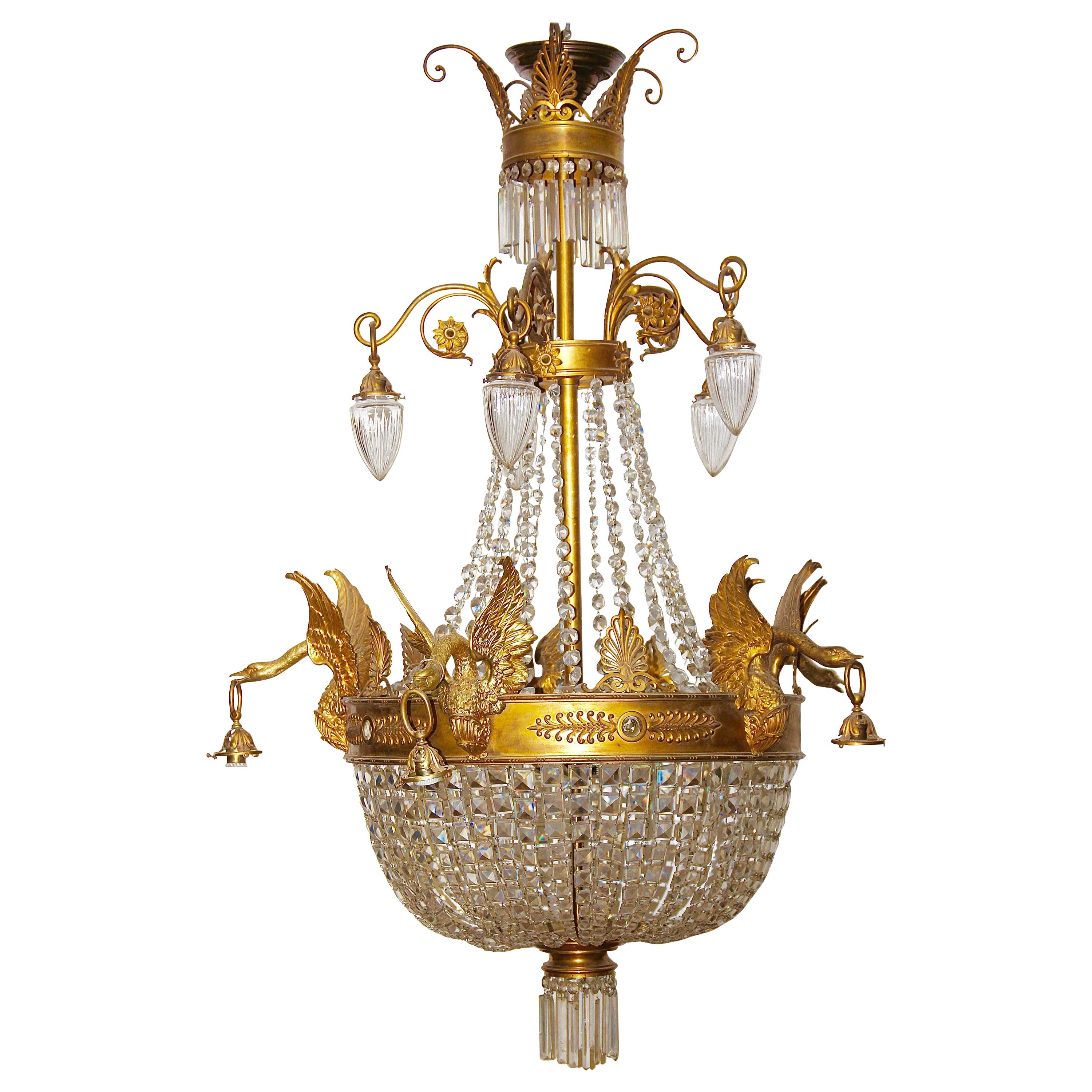 Empire Bronze Crystal Chandelier, with Fire-Gilded Swans, 19th Century For Sale